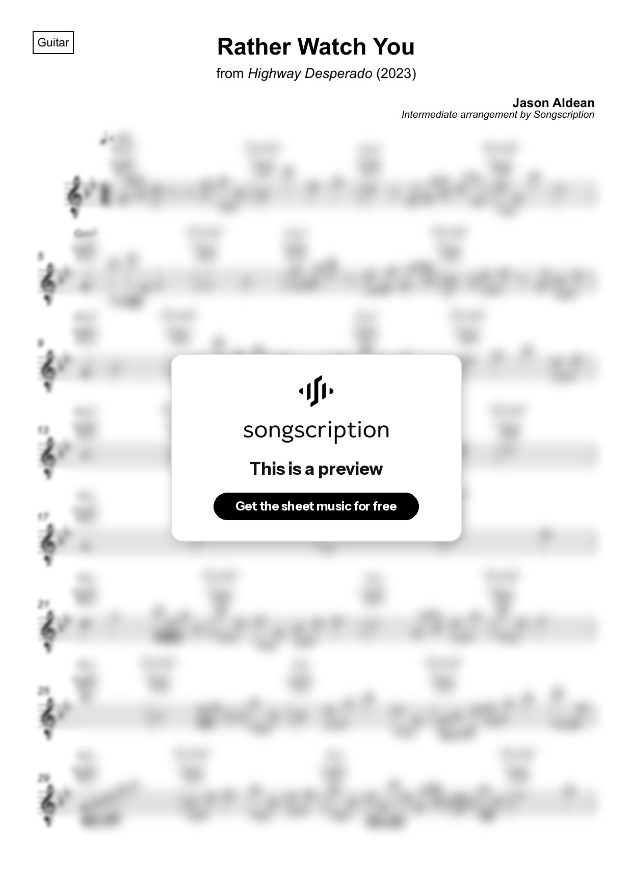 Intermediate Acoustic Guitar Sheet Music for "Rather Watch You" by Jason Aldean