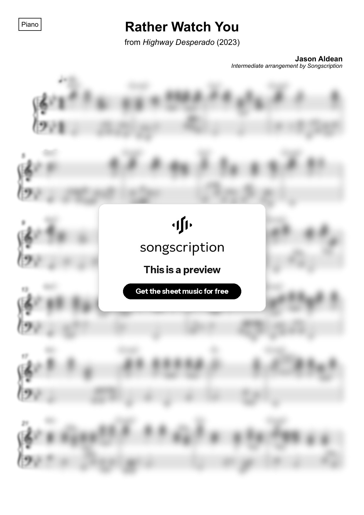 Intermediate Piano Sheet Music for "Rather Watch You" by Jason Aldean