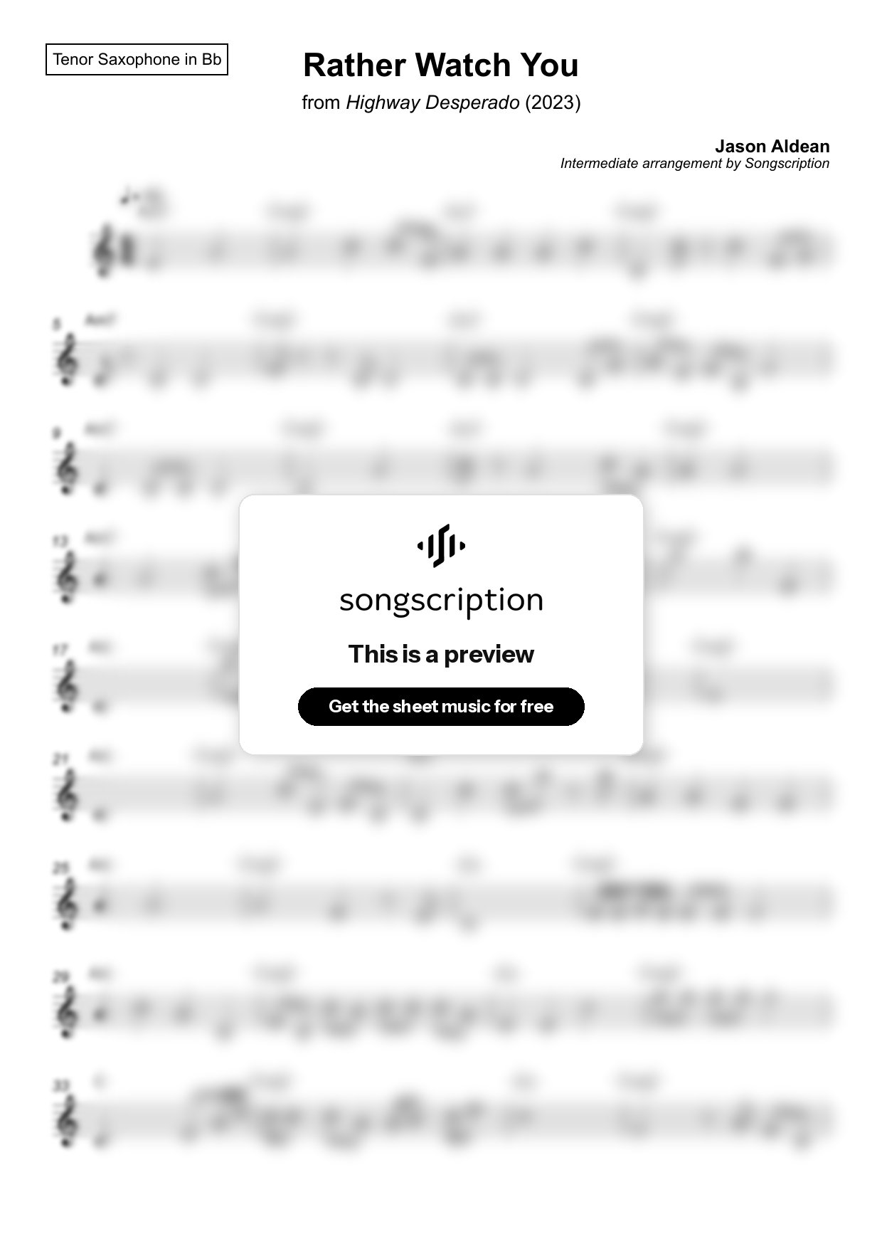 Intermediate Tenor Sax Sheet Music for "Rather Watch You" by Jason Aldean