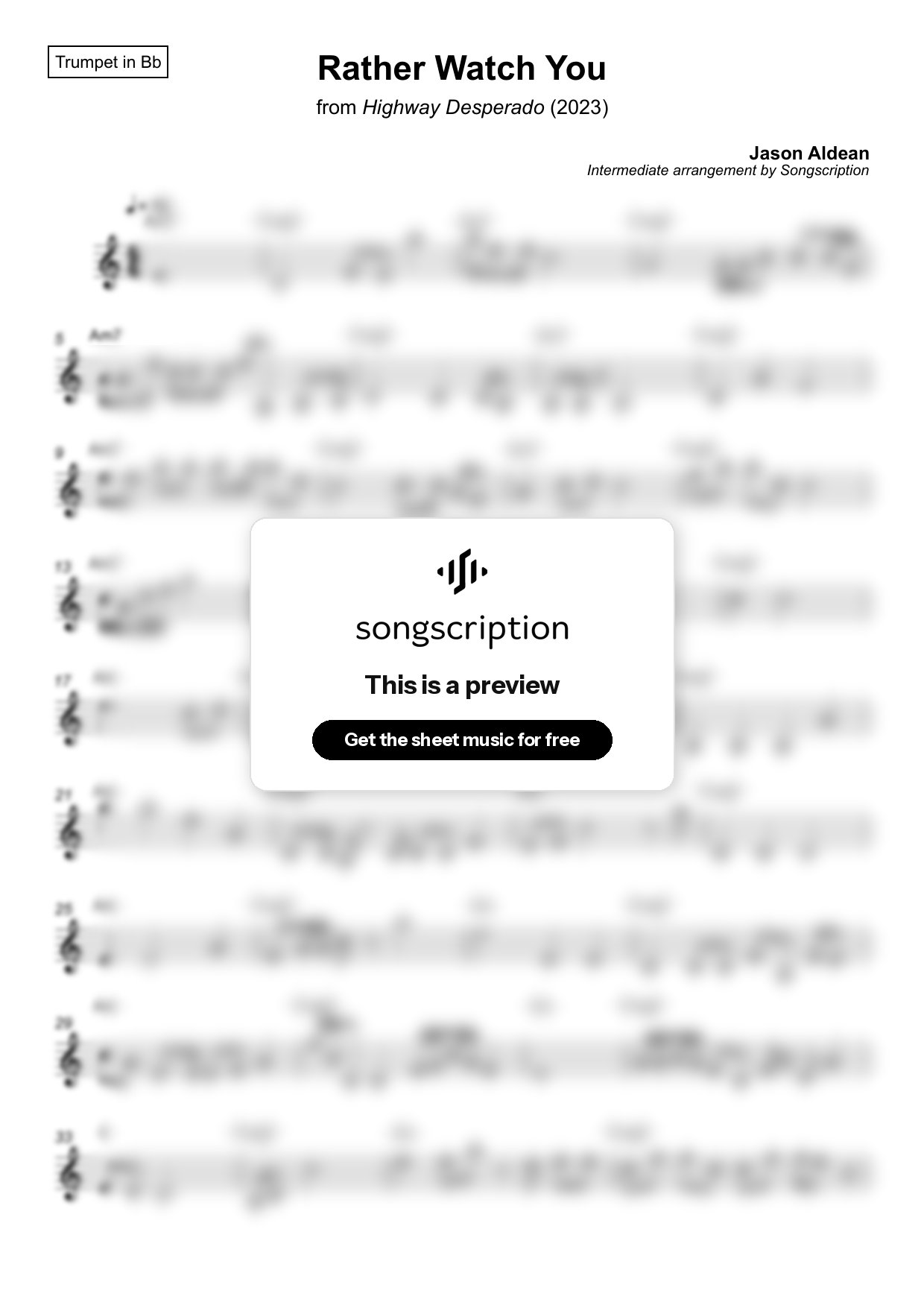 Intermediate Trumpet Sheet Music for "Rather Watch You" by Jason Aldean
