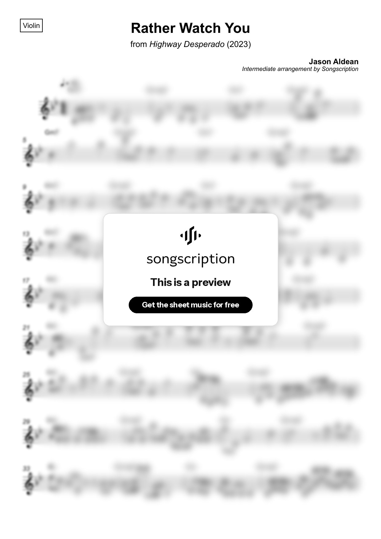 Intermediate Violin Sheet Music for "Rather Watch You" by Jason Aldean