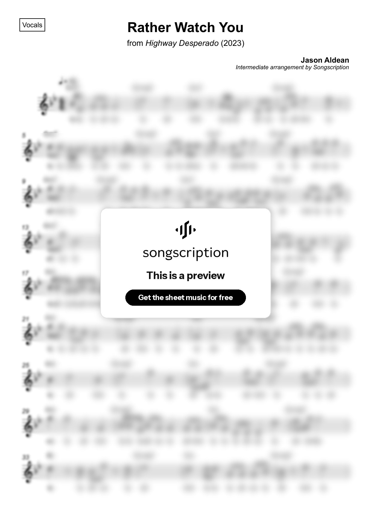 Intermediate Vocals Sheet Music for "Rather Watch You" by Jason Aldean