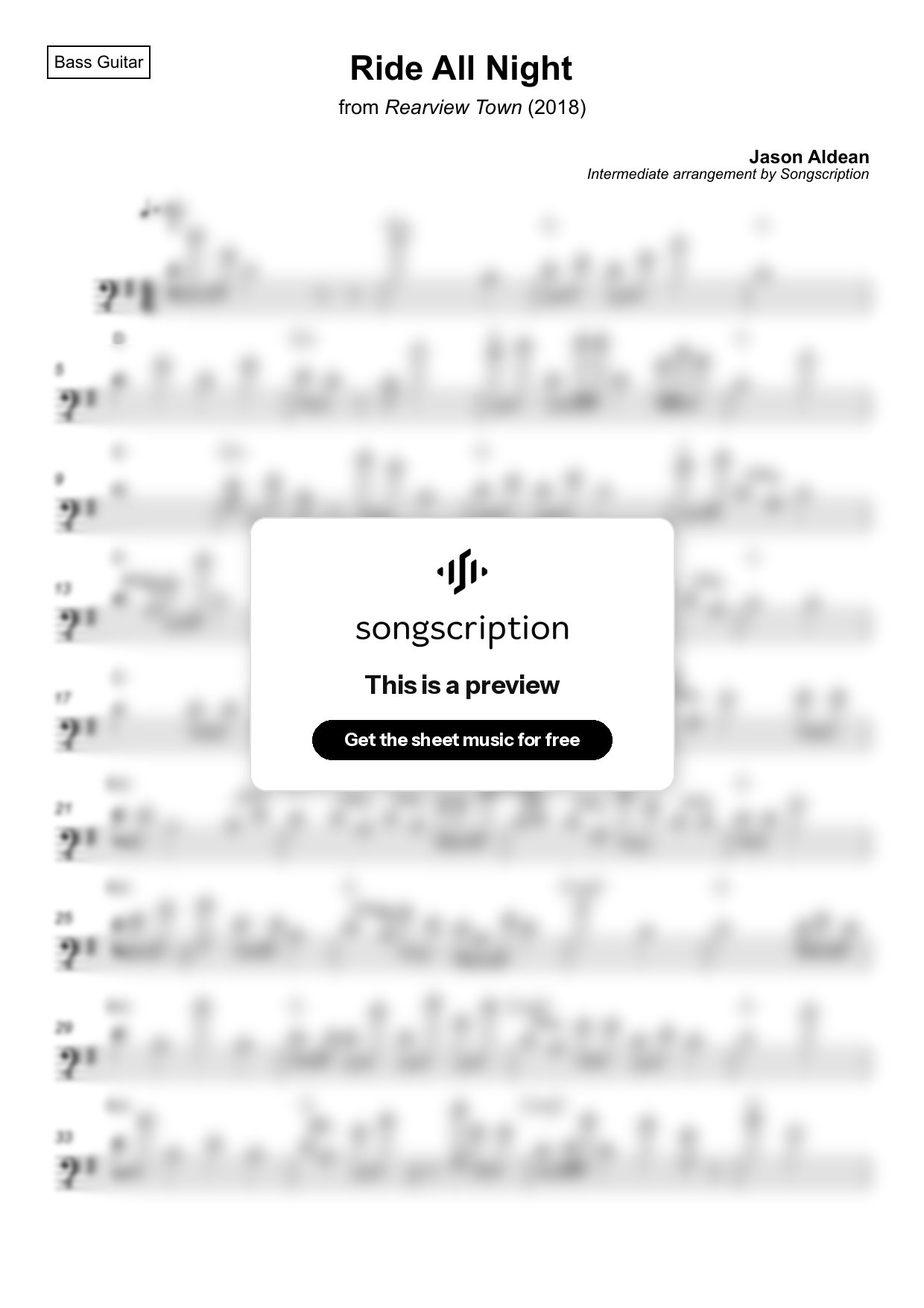 Intermediate Bass Guitar Sheet Music for "Ride All Night" by Jason Aldean