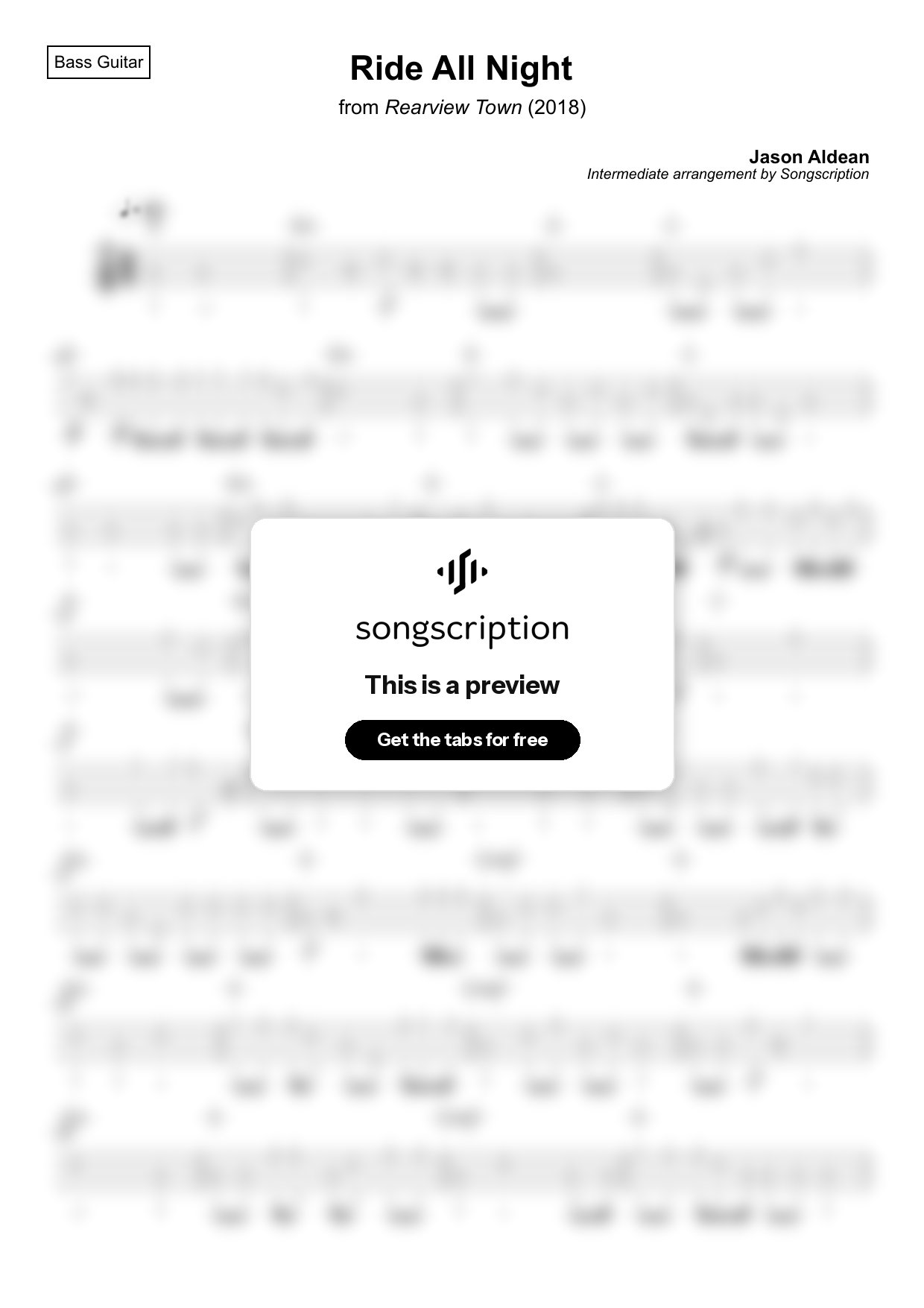 Intermediate Bass Guitar Tabs for "Ride All Night" by Jason Aldean