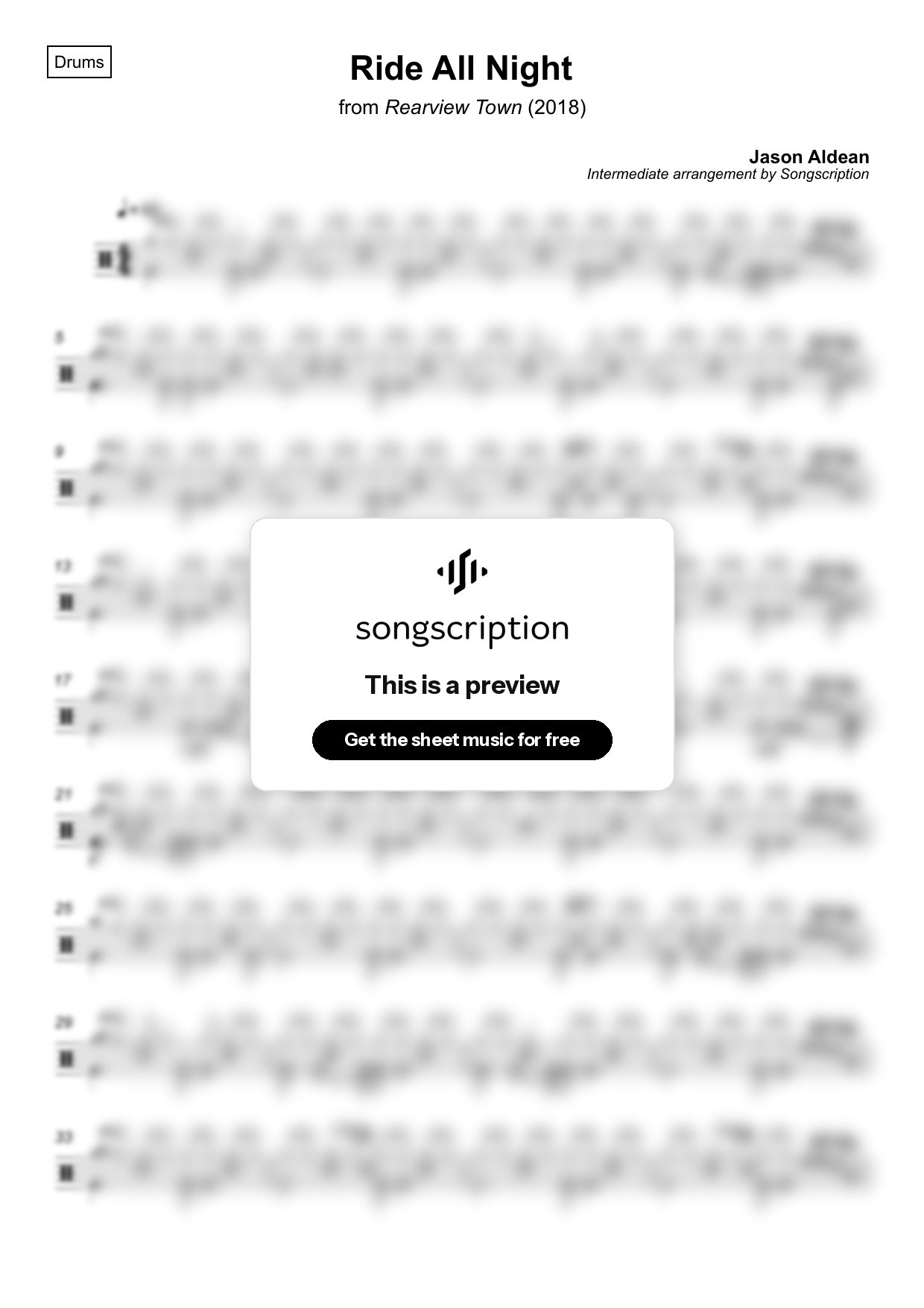Intermediate Drums Sheet Music for "Ride All Night" by Jason Aldean