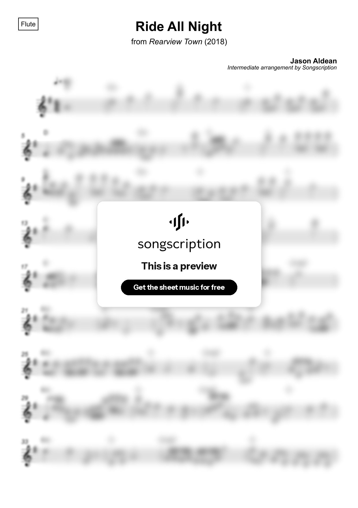 Intermediate Flute Sheet Music for "Ride All Night" by Jason Aldean