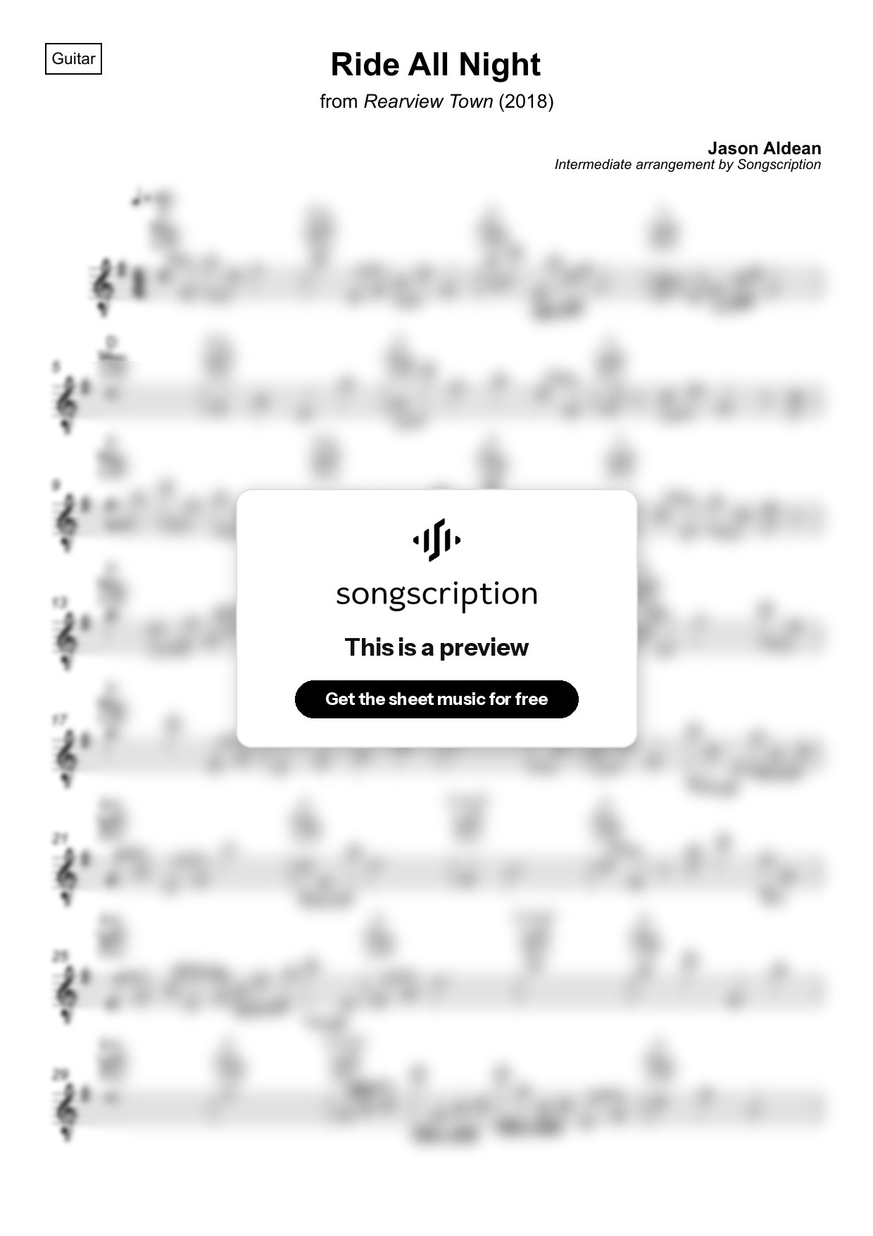 Intermediate Acoustic Guitar Sheet Music for "Ride All Night" by Jason Aldean