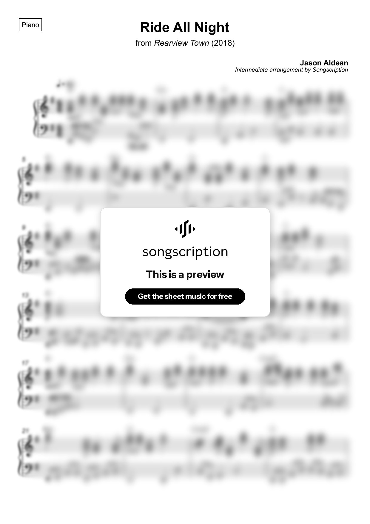 Intermediate Piano Sheet Music for "Ride All Night" by Jason Aldean