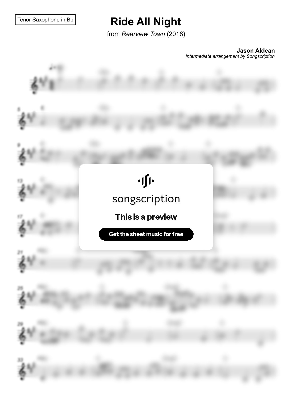 Intermediate Tenor Sax Sheet Music for "Ride All Night" by Jason Aldean