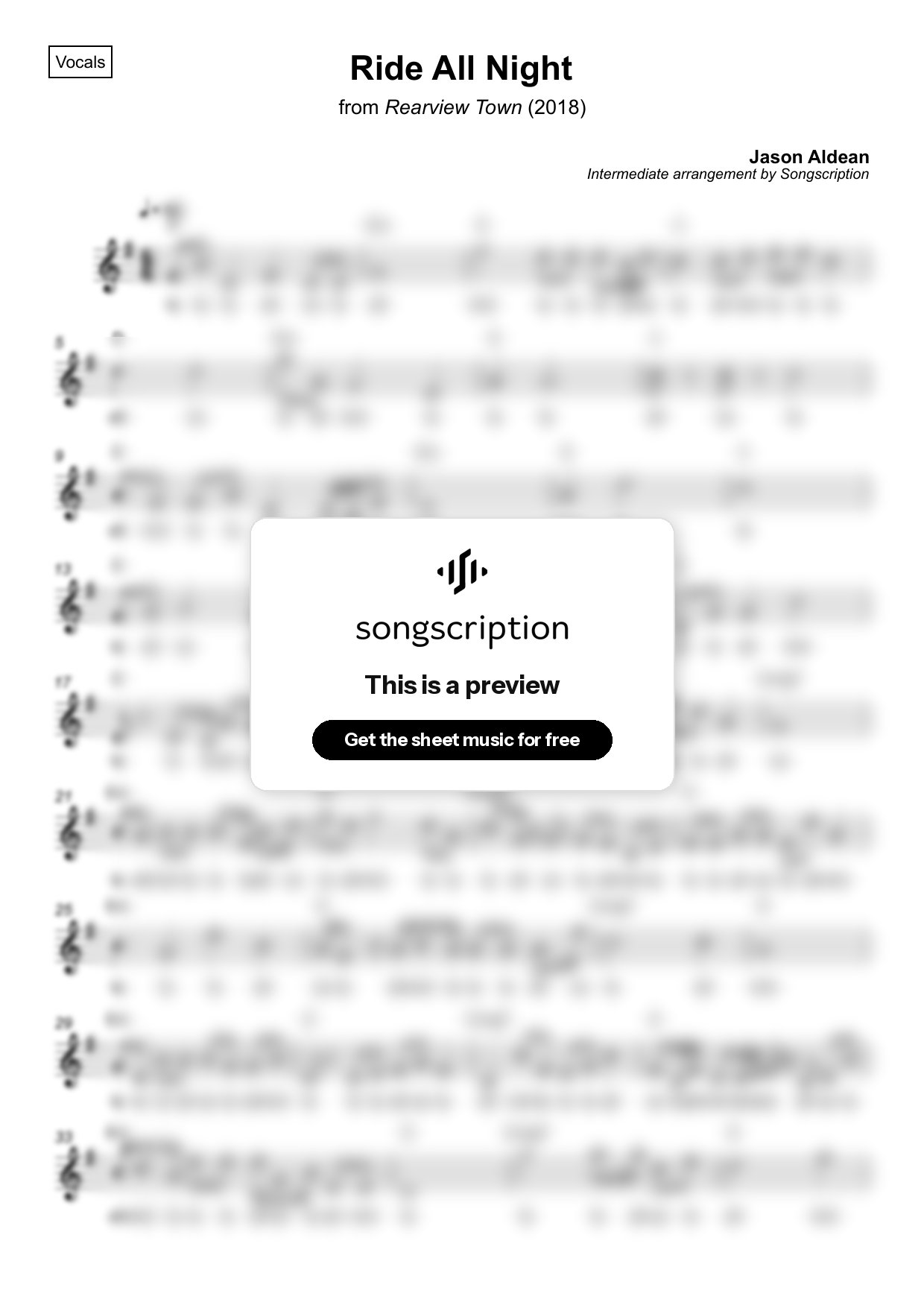 Intermediate Vocals Sheet Music for "Ride All Night" by Jason Aldean