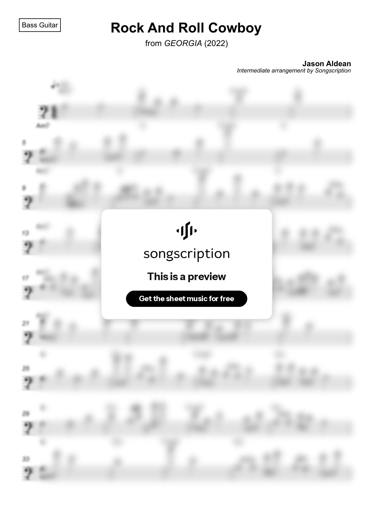 Intermediate Bass Guitar Sheet Music for "Rock And Roll Cowboy" by Jason Aldean