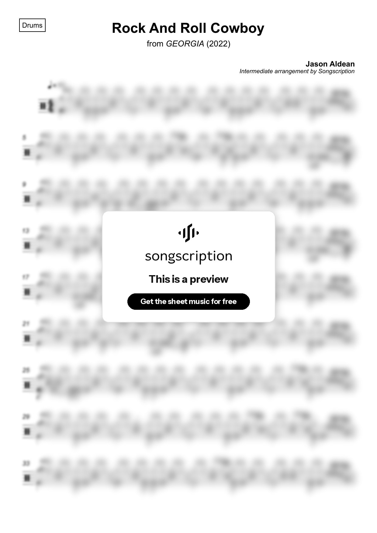 Intermediate Drums Sheet Music for "Rock And Roll Cowboy" by Jason Aldean