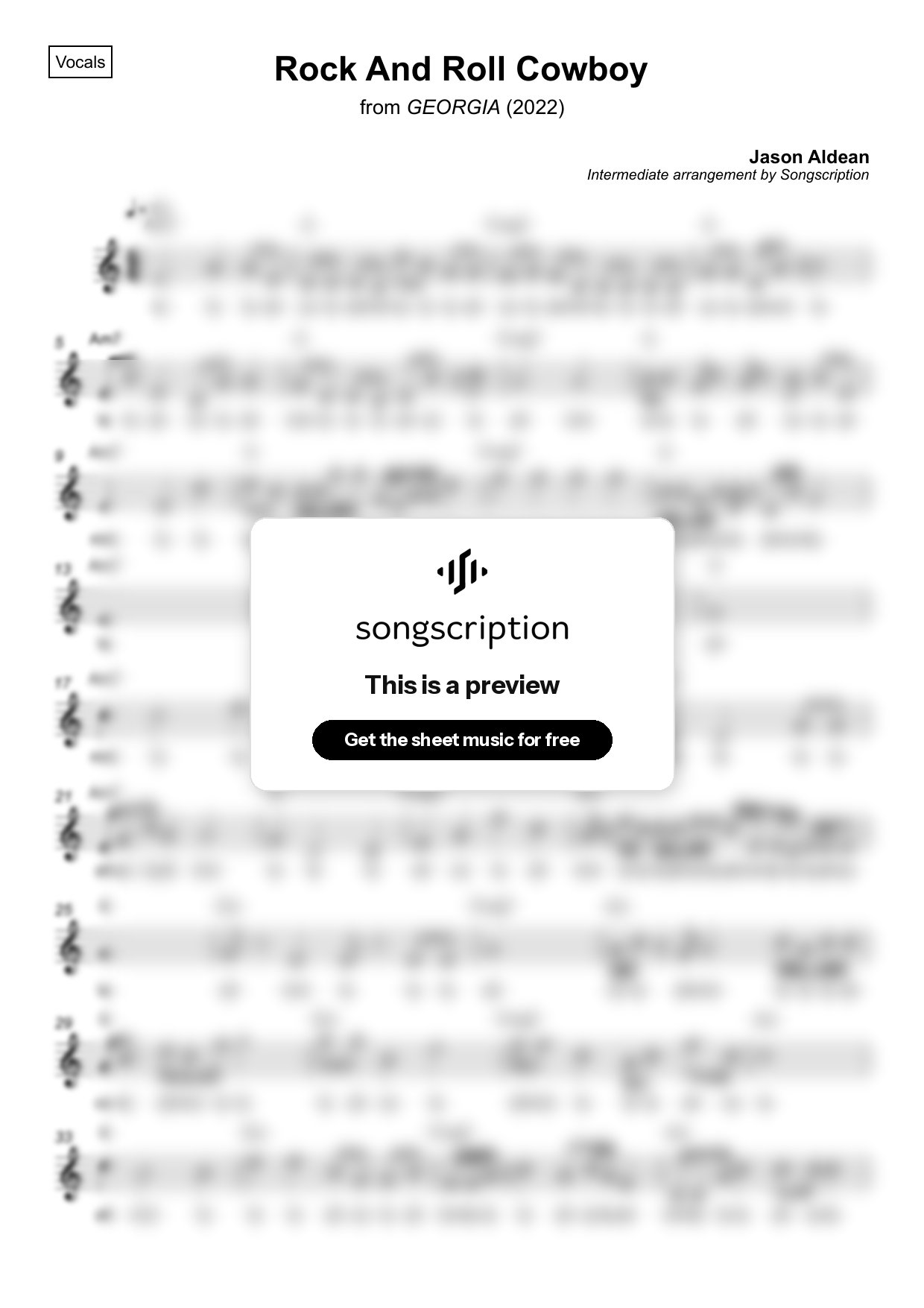 Intermediate Vocals Sheet Music for "Rock And Roll Cowboy" by Jason Aldean