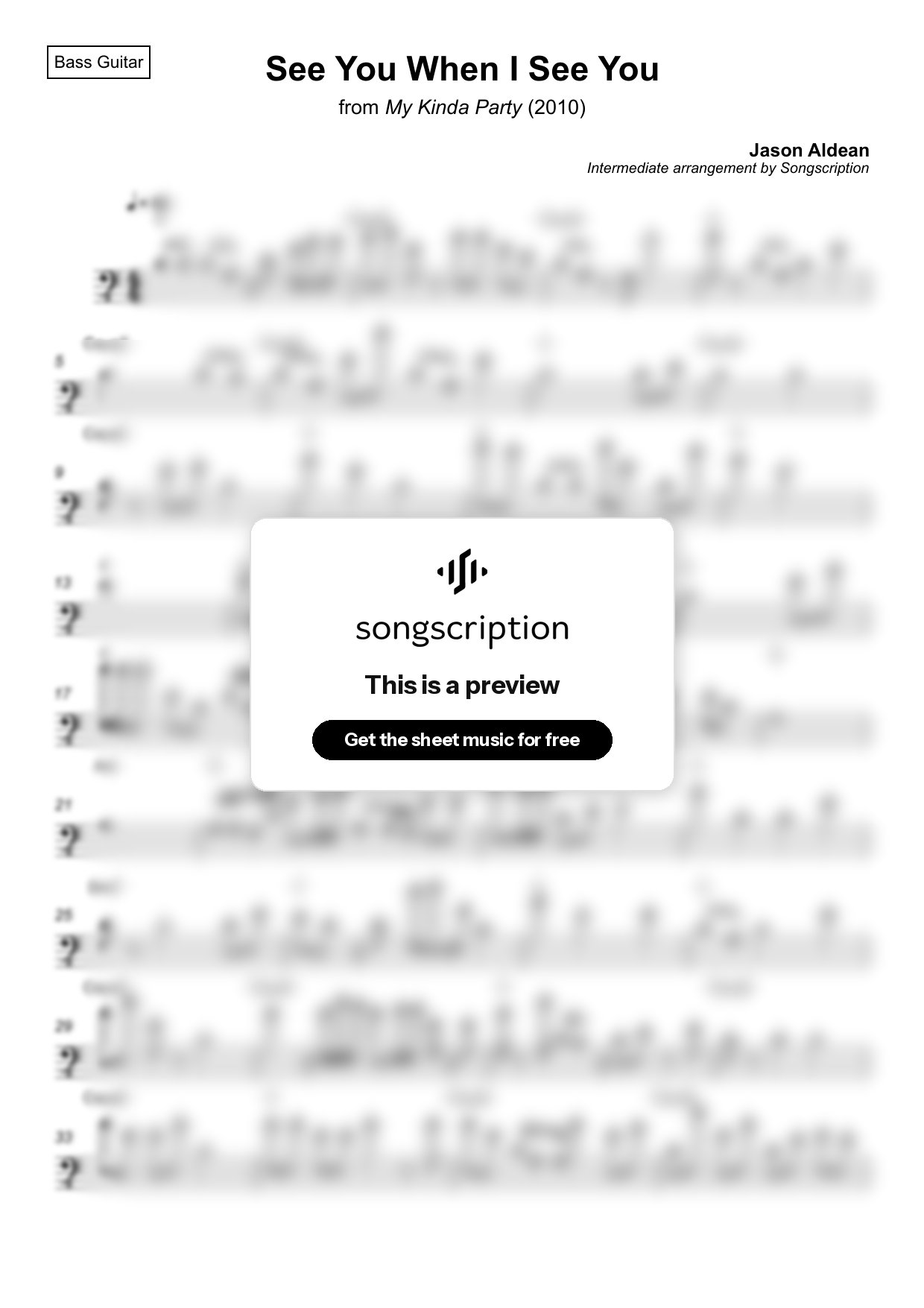Intermediate Bass Guitar Sheet Music for "See You When I See You" by Jason Aldean