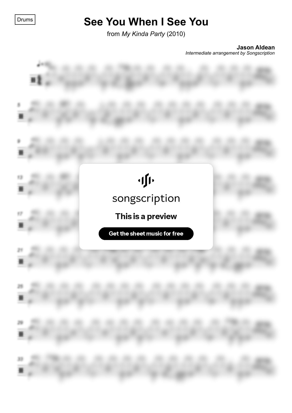 Intermediate Drums Sheet Music for "See You When I See You" by Jason Aldean