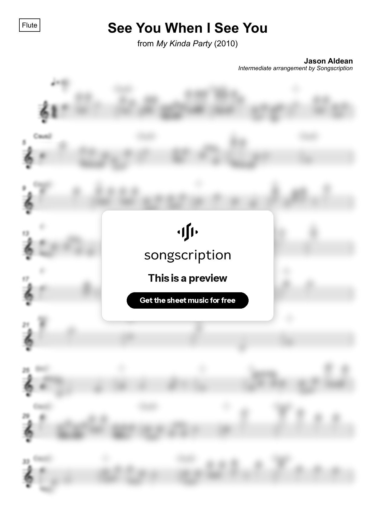 Intermediate Flute Sheet Music for "See You When I See You" by Jason Aldean