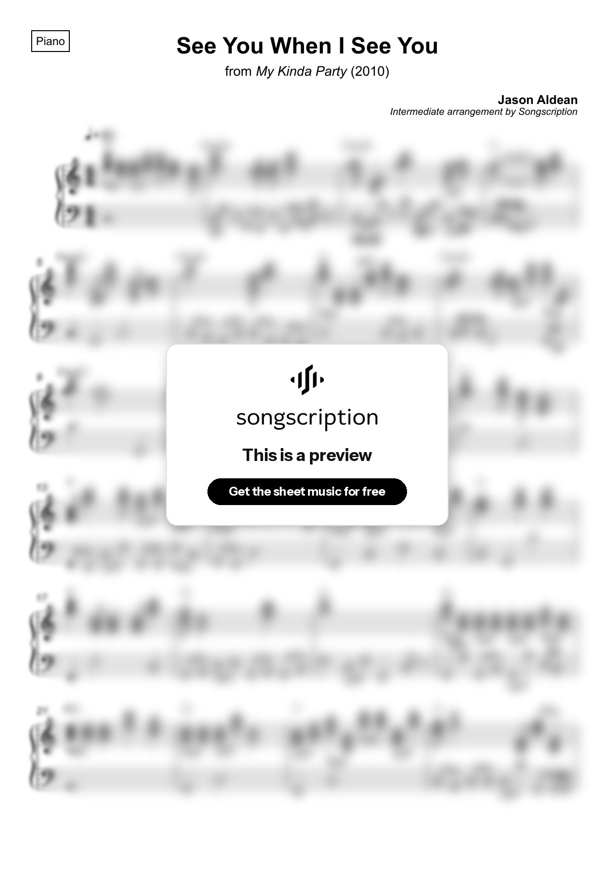 Intermediate Piano Sheet Music for "See You When I See You" by Jason Aldean