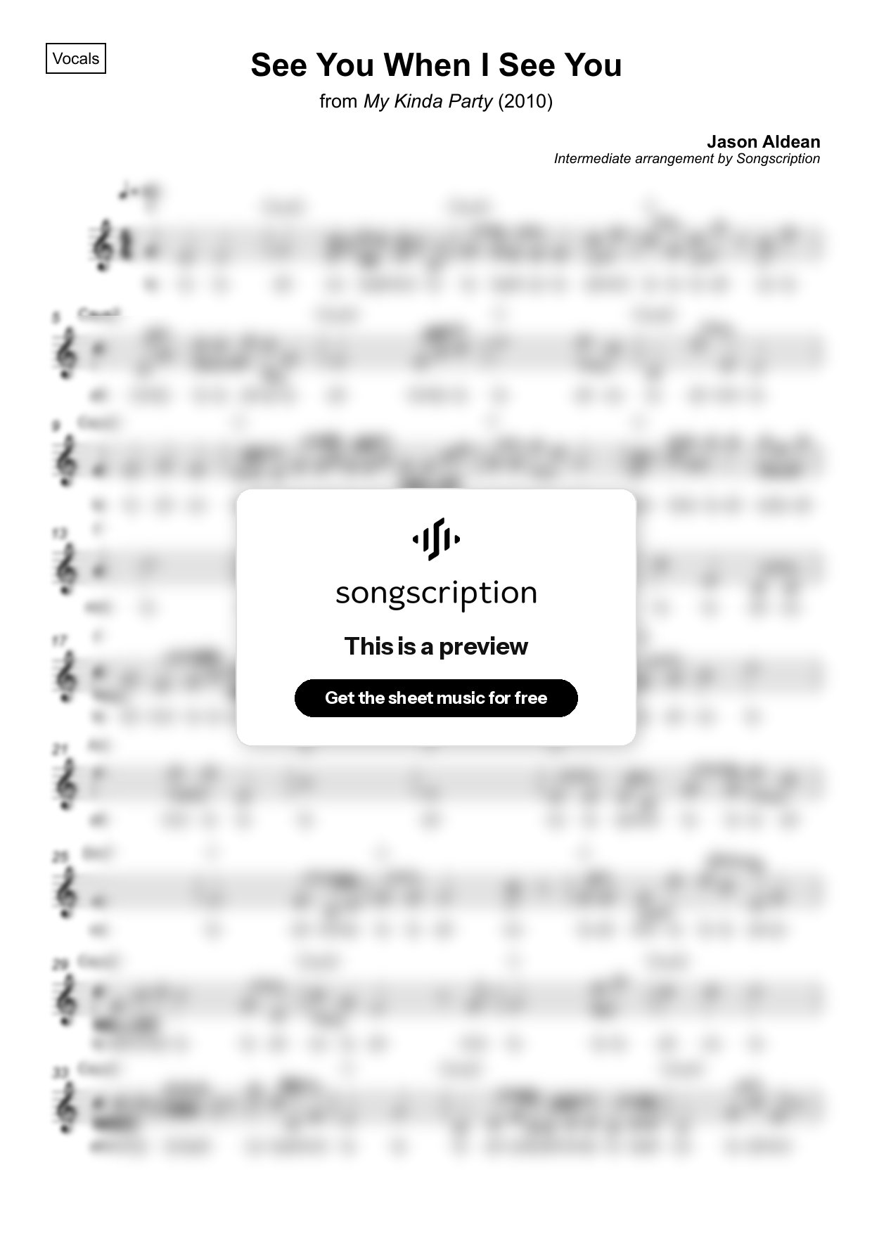 Intermediate Vocals Sheet Music for "See You When I See You" by Jason Aldean