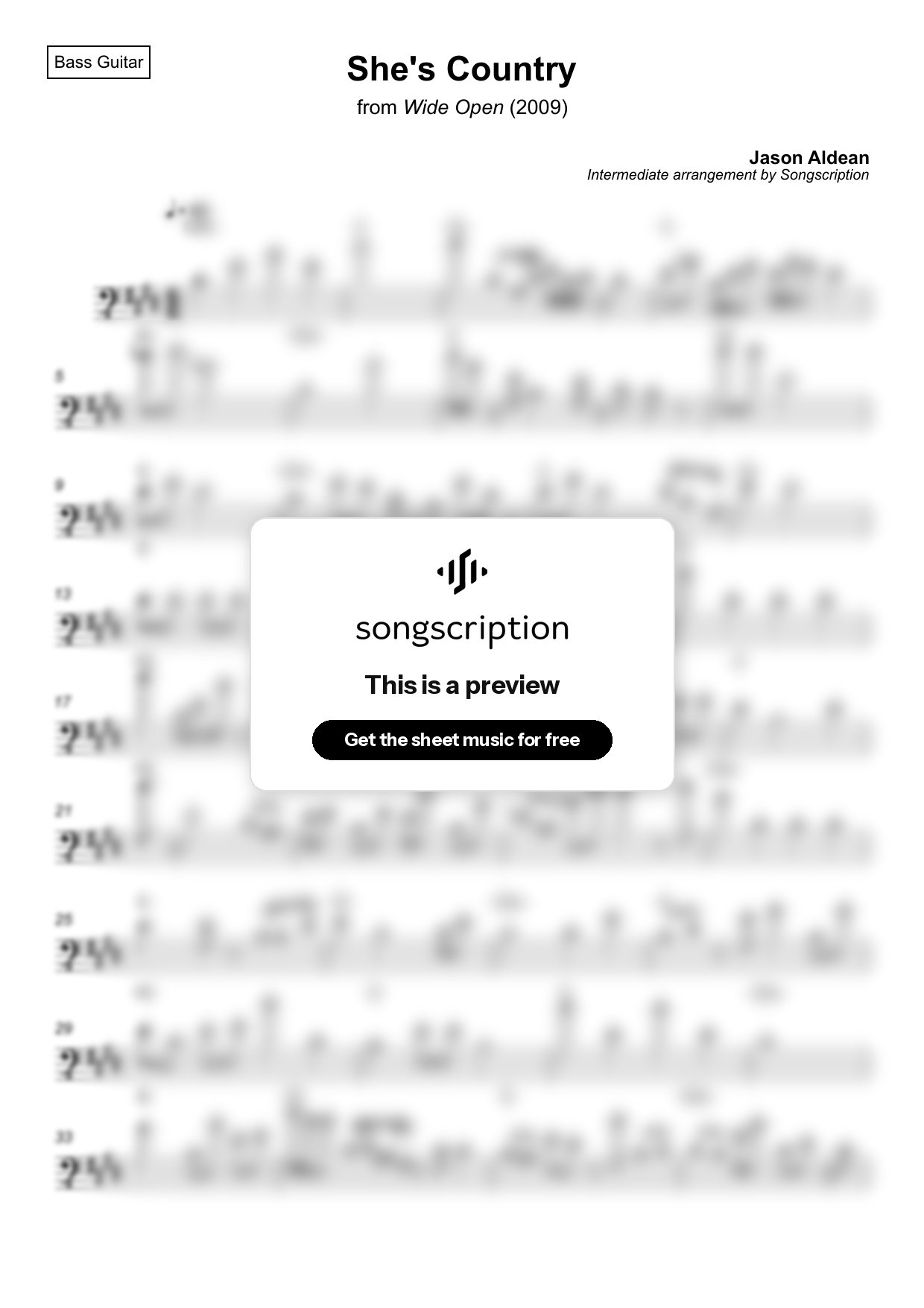 Intermediate Bass Guitar Sheet Music for "She's Country" by Jason Aldean