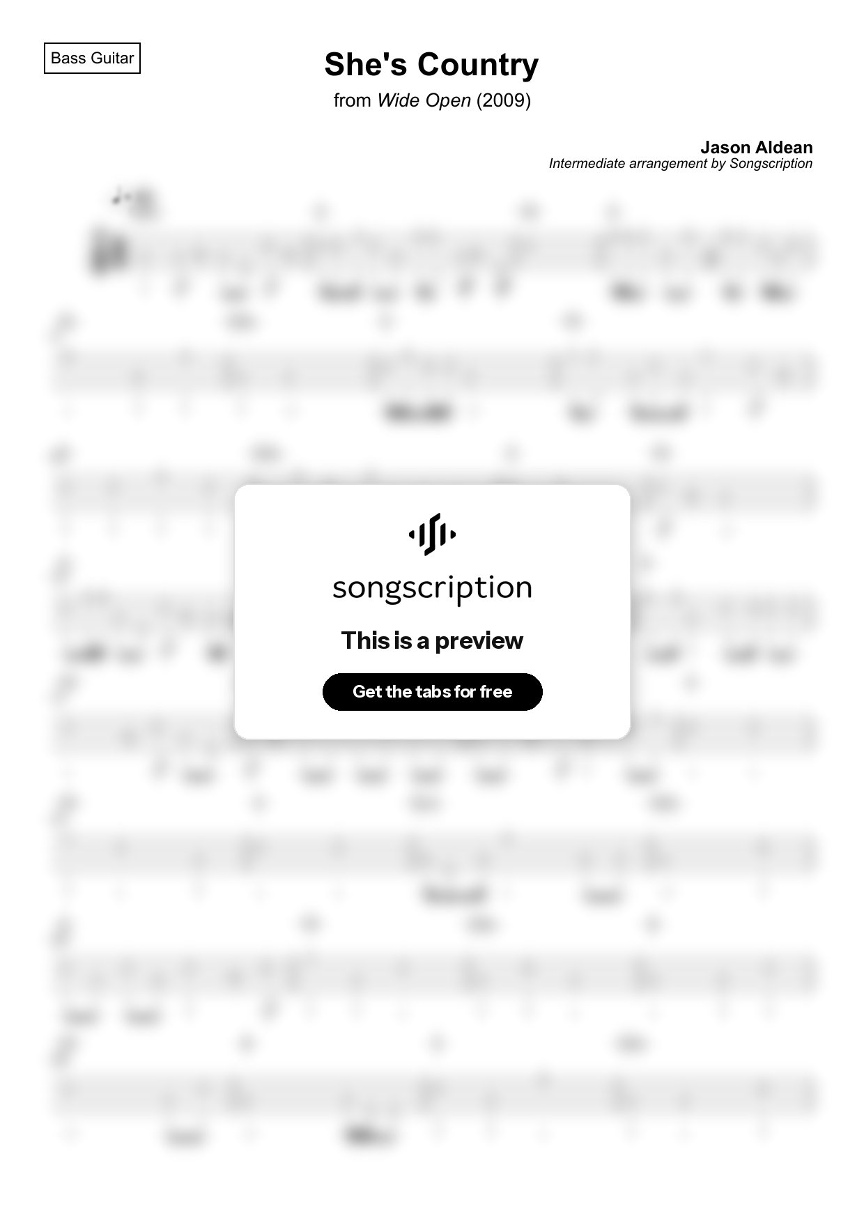 Intermediate Bass Guitar Tabs for "She's Country" by Jason Aldean