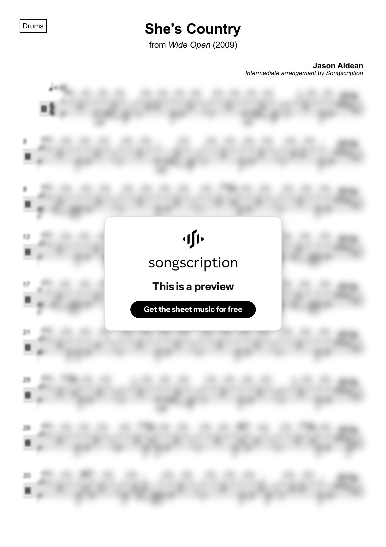 Intermediate Drums Sheet Music for "She's Country" by Jason Aldean