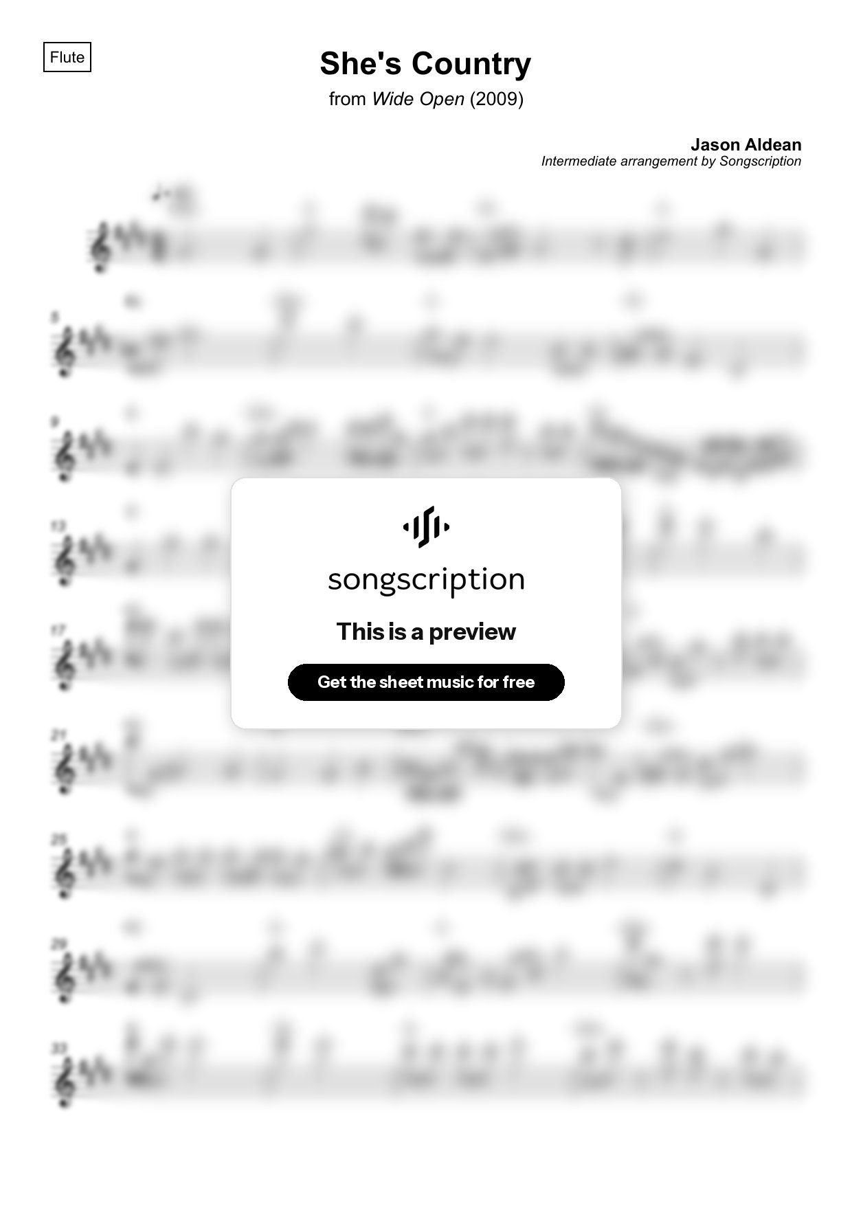 Intermediate Flute Sheet Music for "She's Country" by Jason Aldean