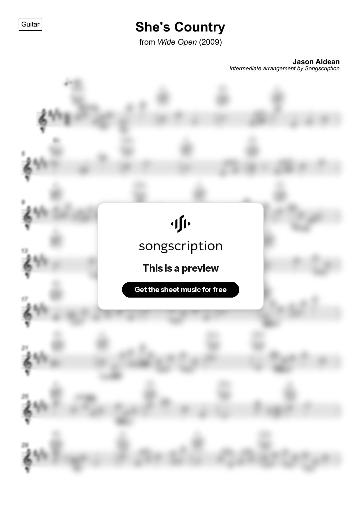 Intermediate Acoustic Guitar Sheet Music for "She's Country" by Jason Aldean
