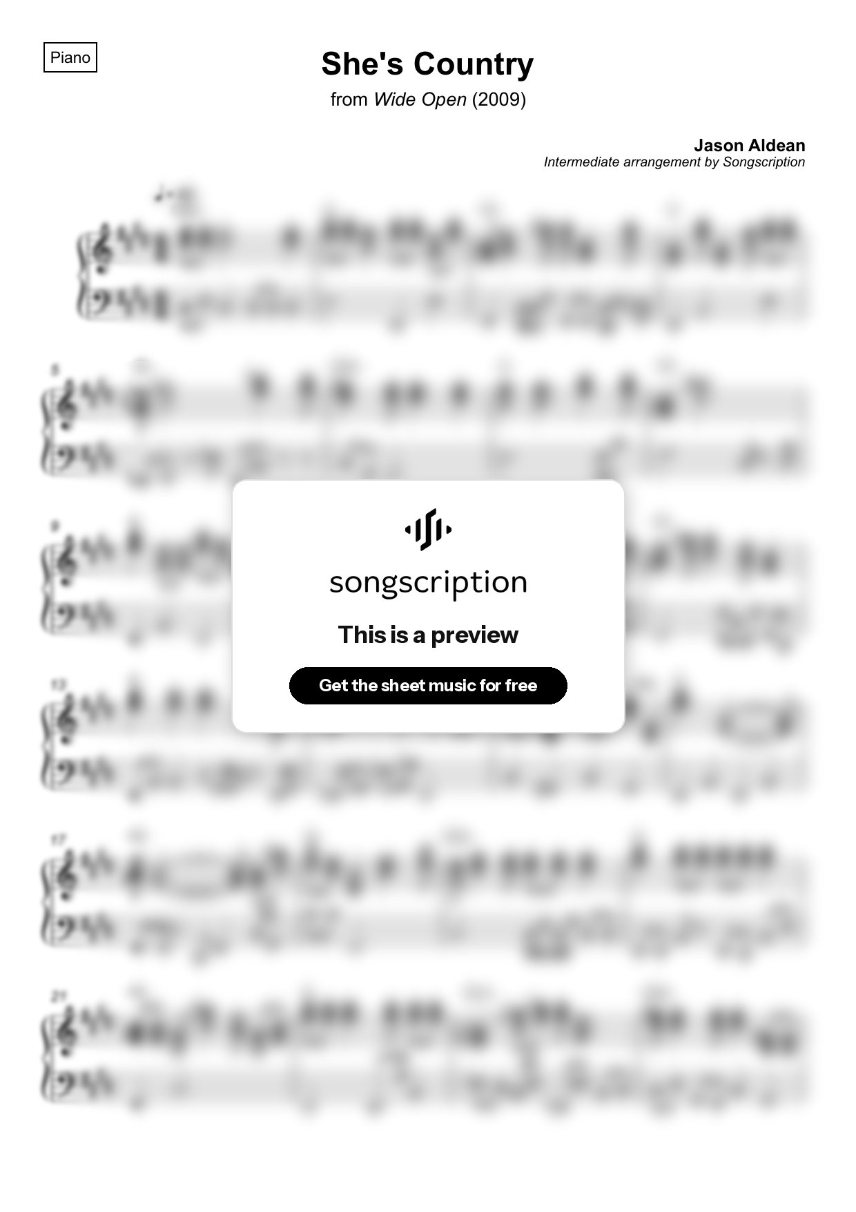 Intermediate Piano Sheet Music for "She's Country" by Jason Aldean