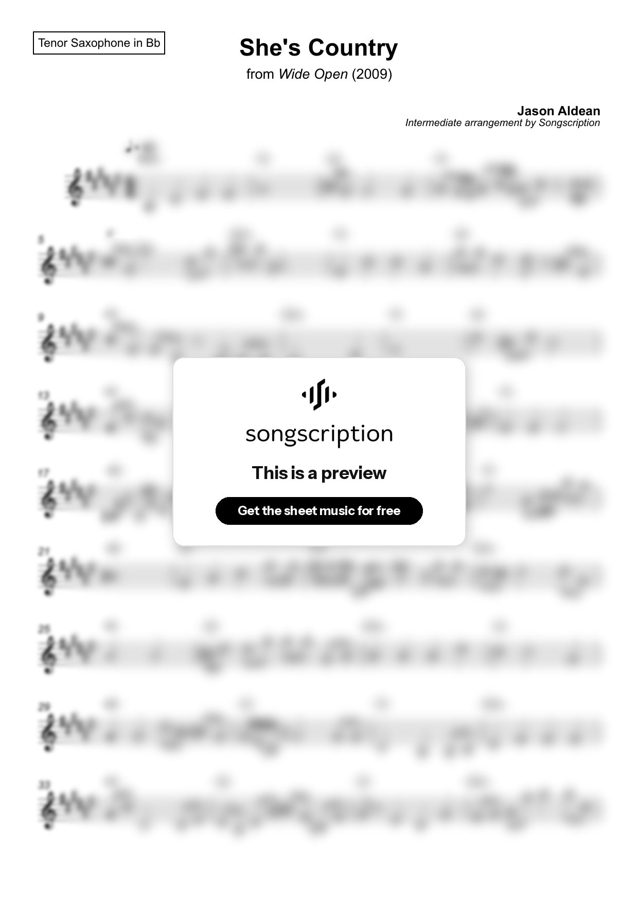 Intermediate Tenor Sax Sheet Music for "She's Country" by Jason Aldean