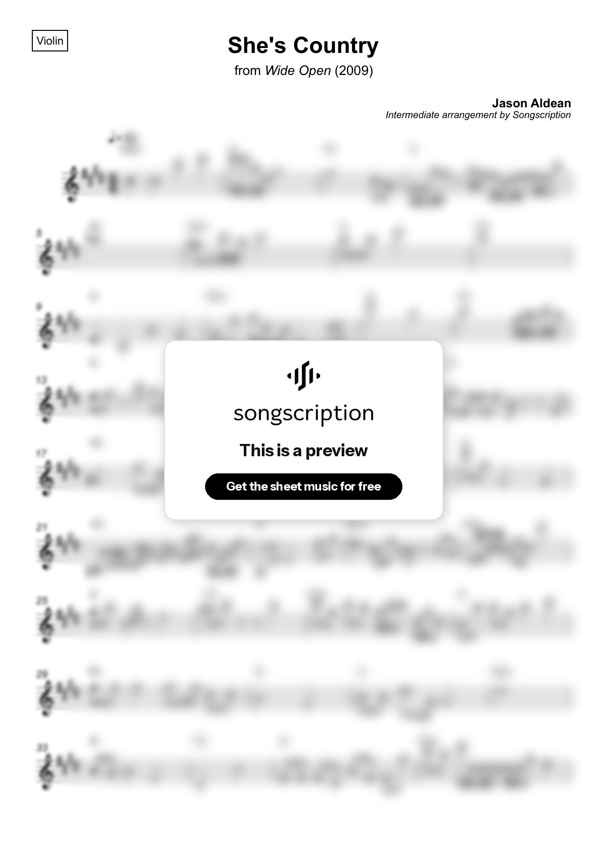 Intermediate Violin Sheet Music for "She's Country" by Jason Aldean
