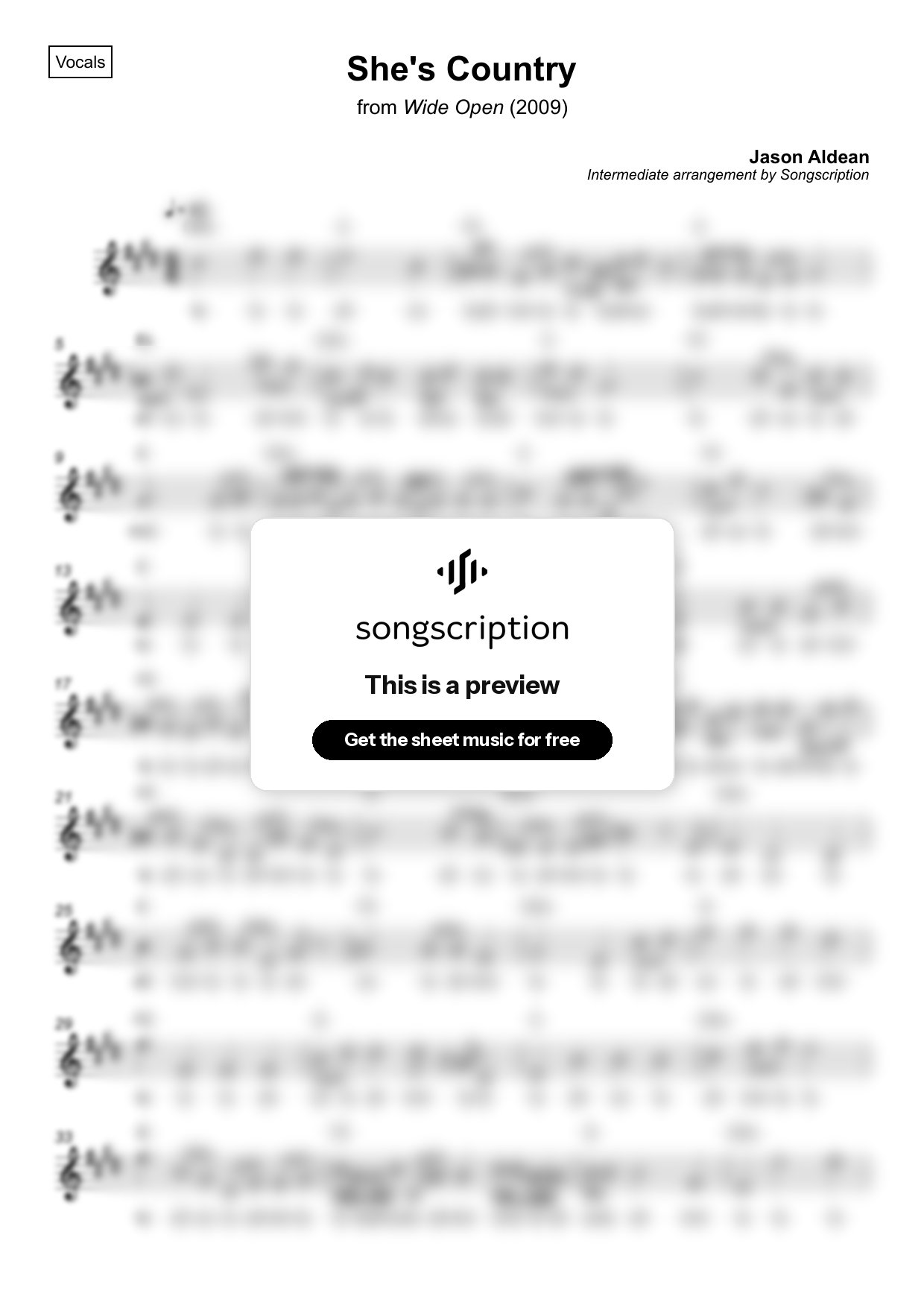 Intermediate Vocals Sheet Music for "She's Country" by Jason Aldean