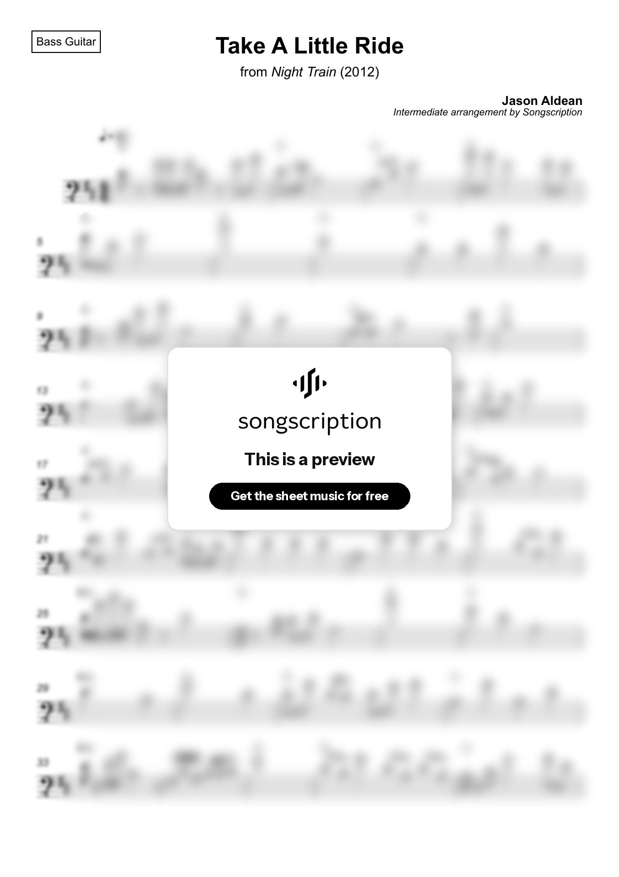 Intermediate Bass Guitar Sheet Music for "Take A Little Ride" by Jason Aldean