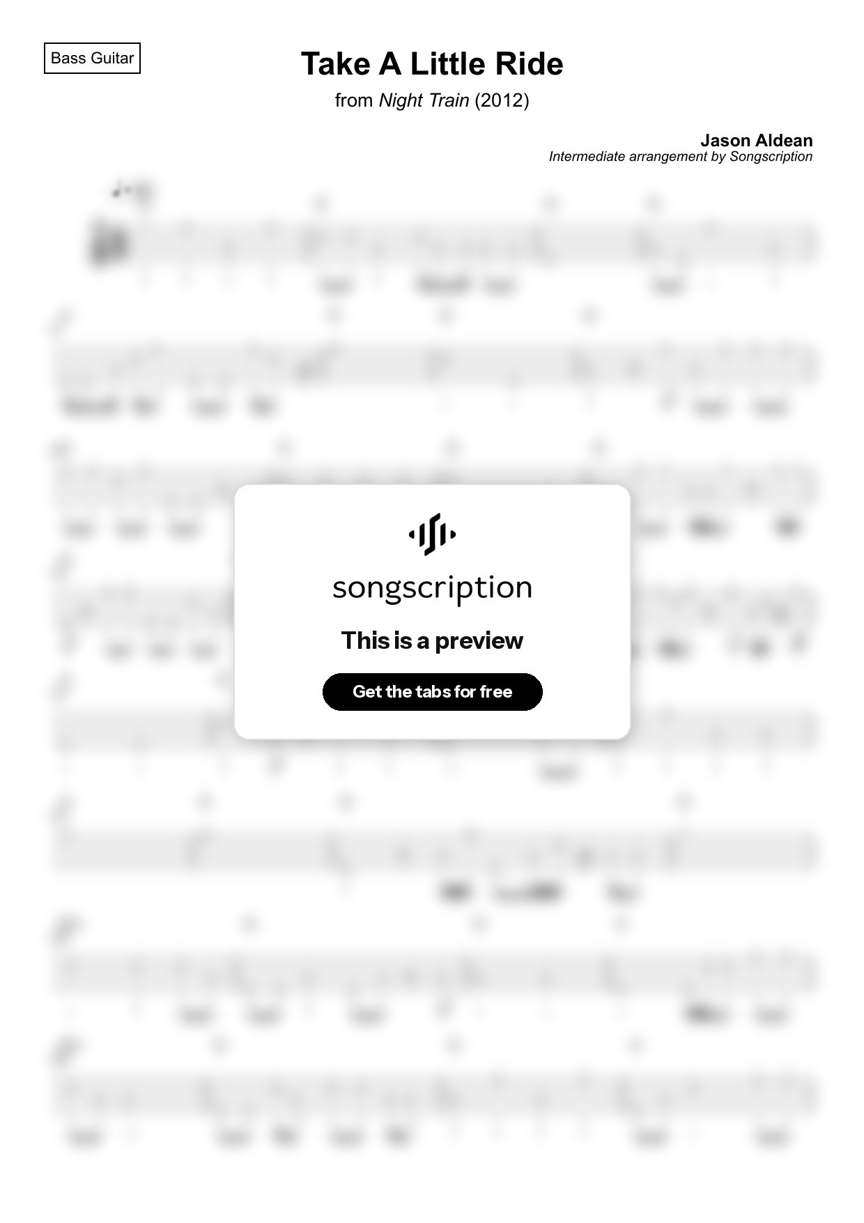 Intermediate Bass Guitar Tabs for "Take A Little Ride" by Jason Aldean