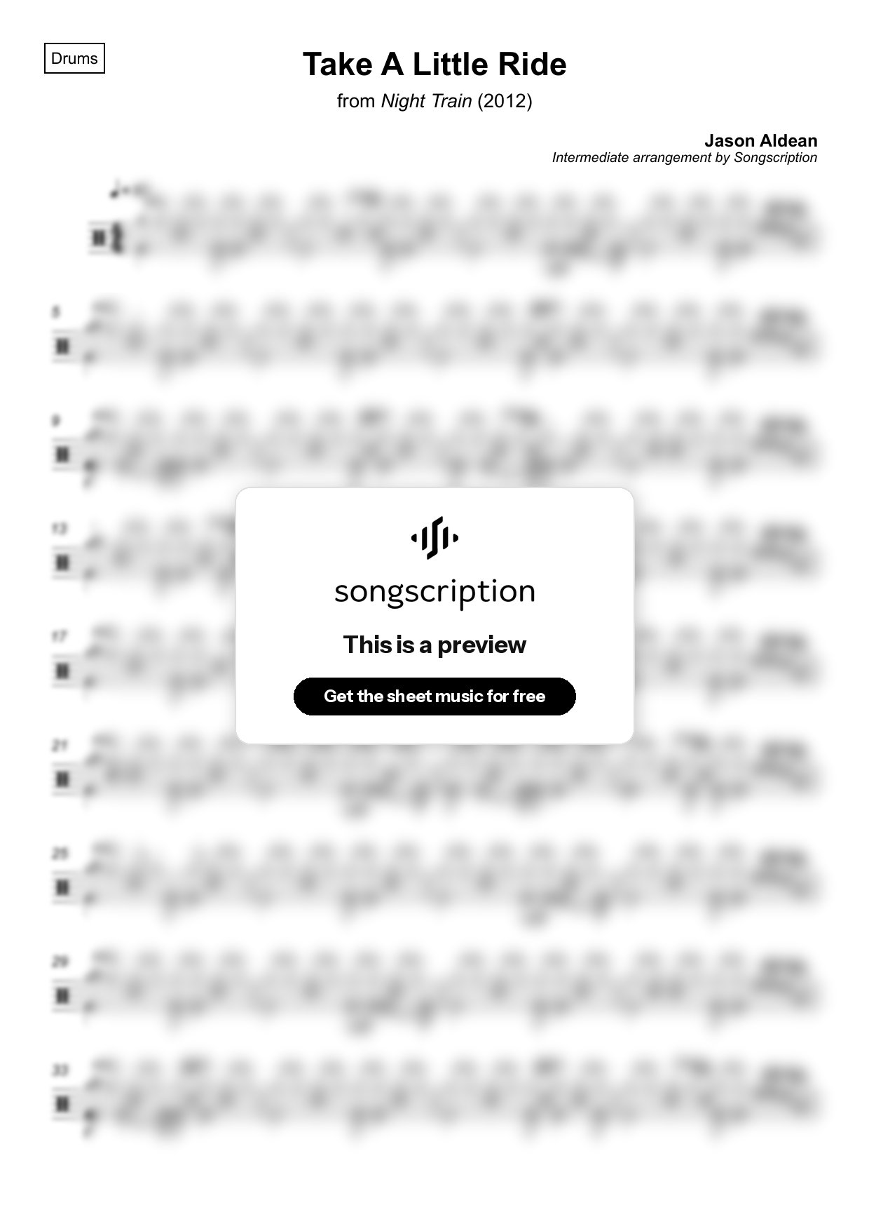 Intermediate Drums Sheet Music for "Take A Little Ride" by Jason Aldean