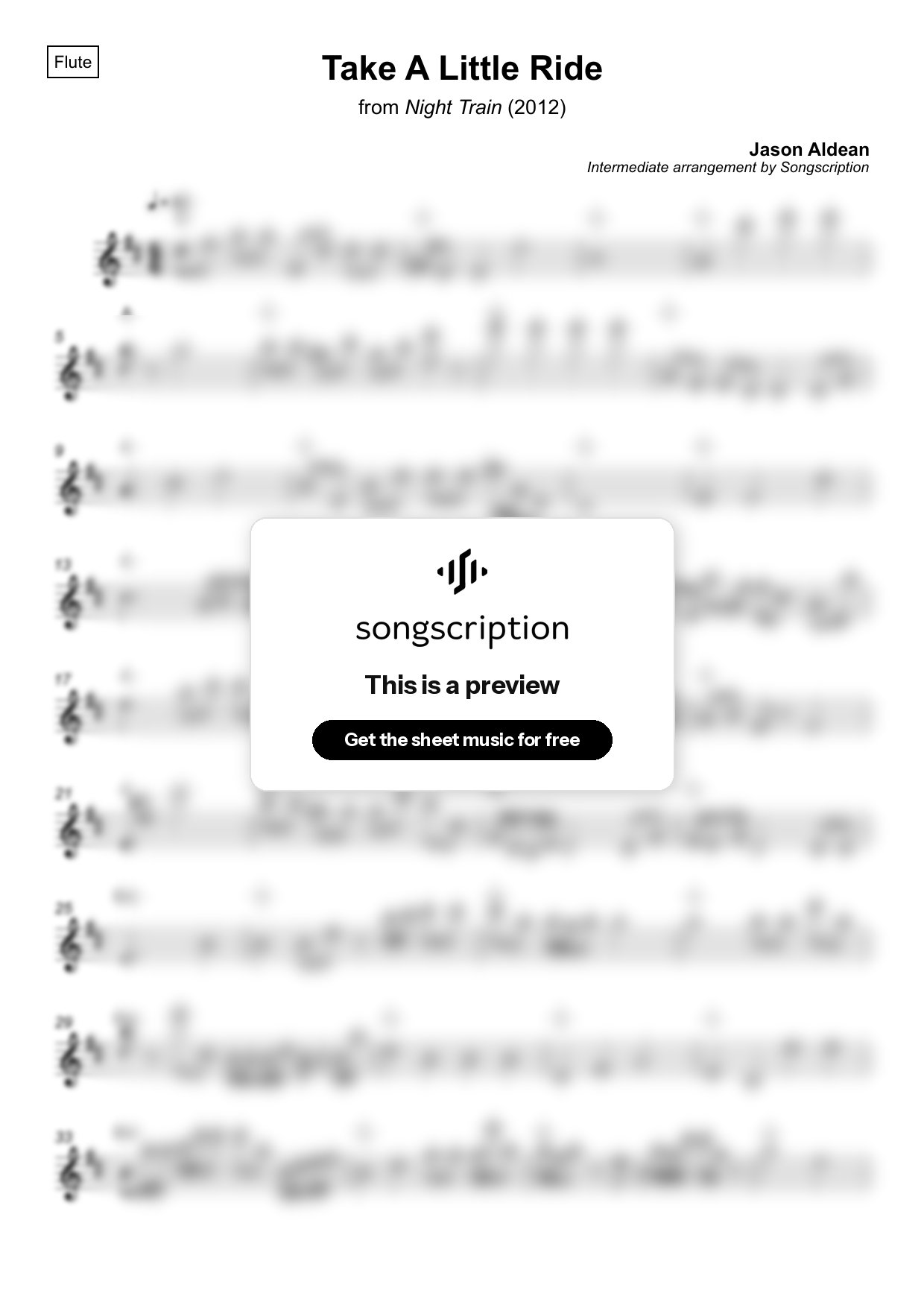 Intermediate Flute Sheet Music for "Take A Little Ride" by Jason Aldean