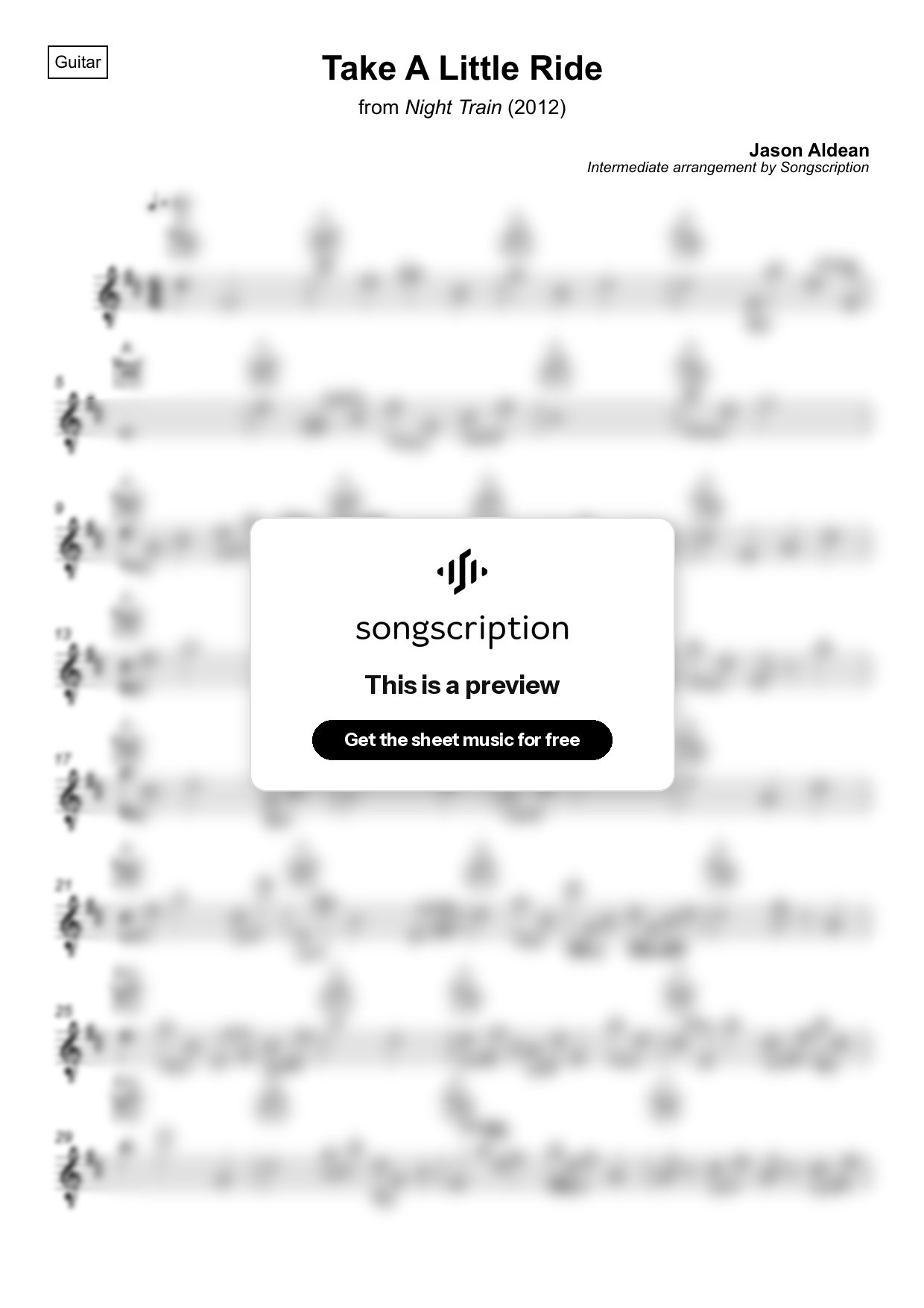 Intermediate Acoustic Guitar Sheet Music for "Take A Little Ride" by Jason Aldean