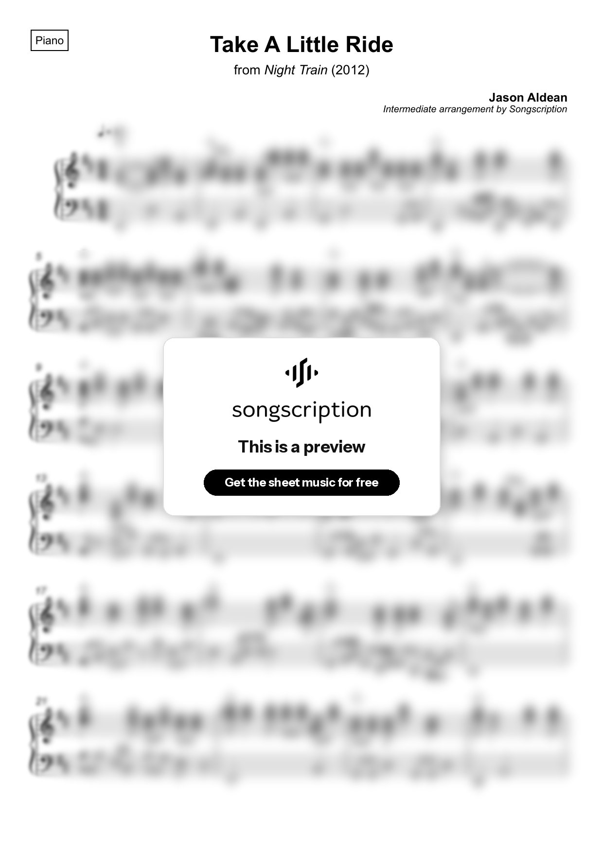 Intermediate Piano Sheet Music for "Take A Little Ride" by Jason Aldean