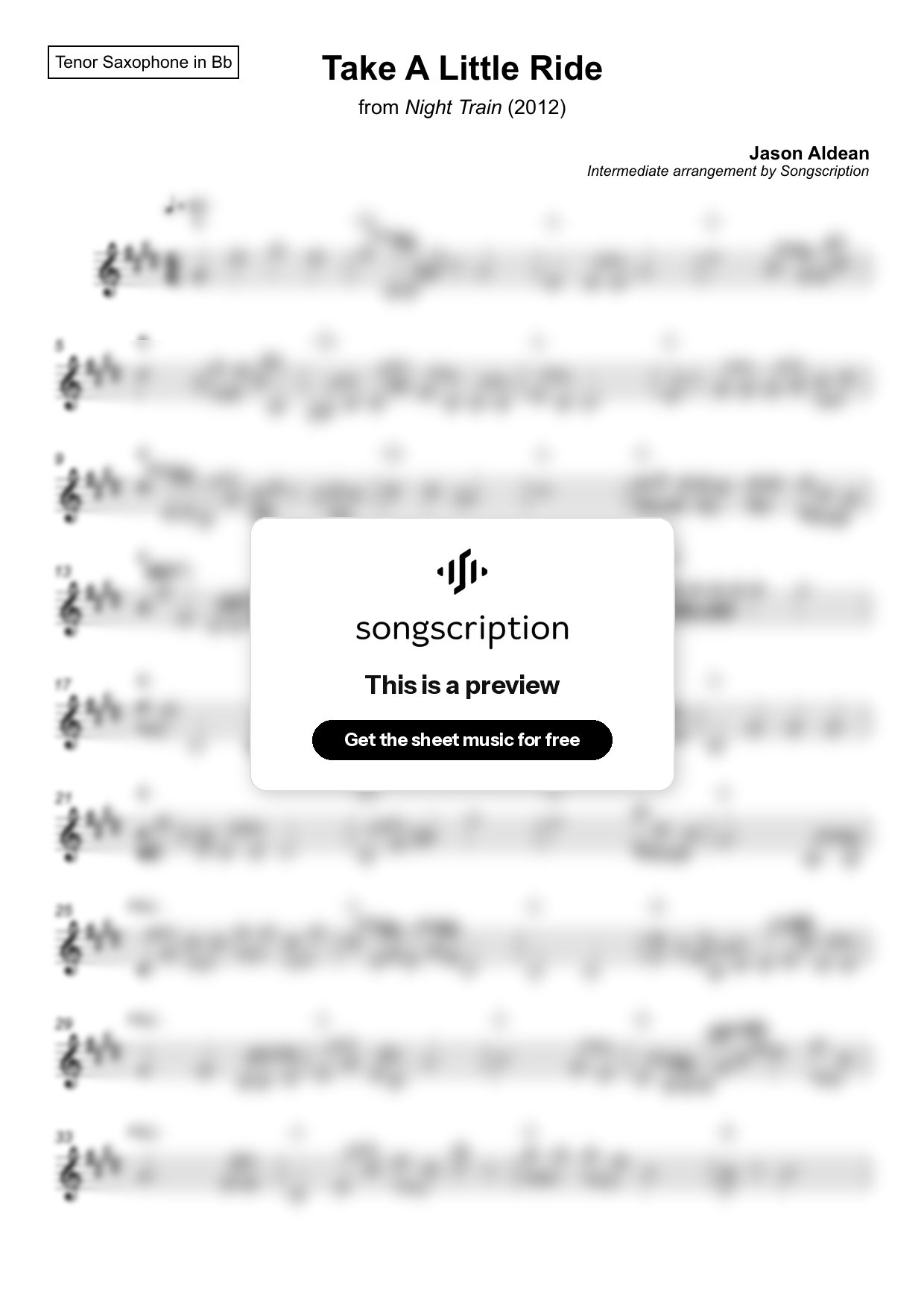 Intermediate Tenor Sax Sheet Music for "Take A Little Ride" by Jason Aldean