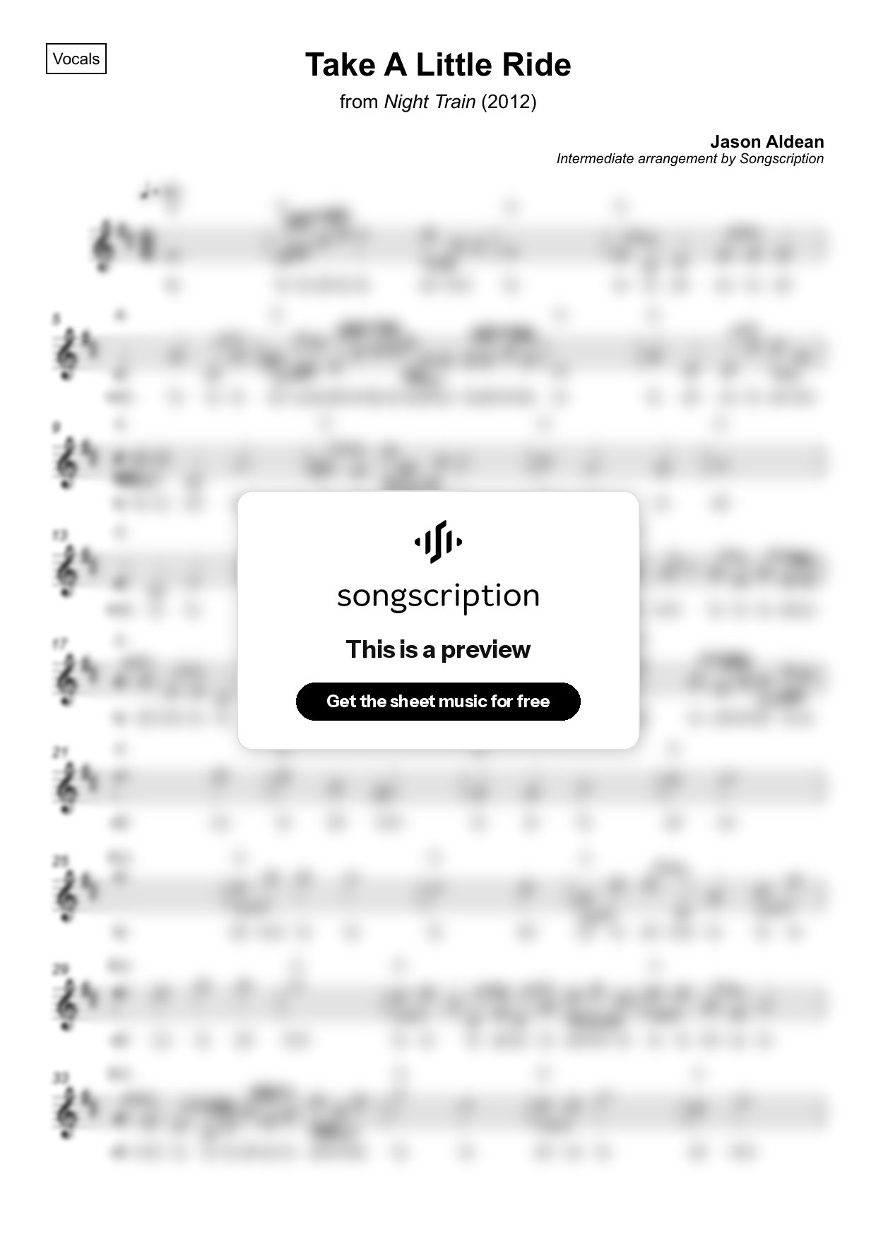 Intermediate Vocals Sheet Music for "Take A Little Ride" by Jason Aldean