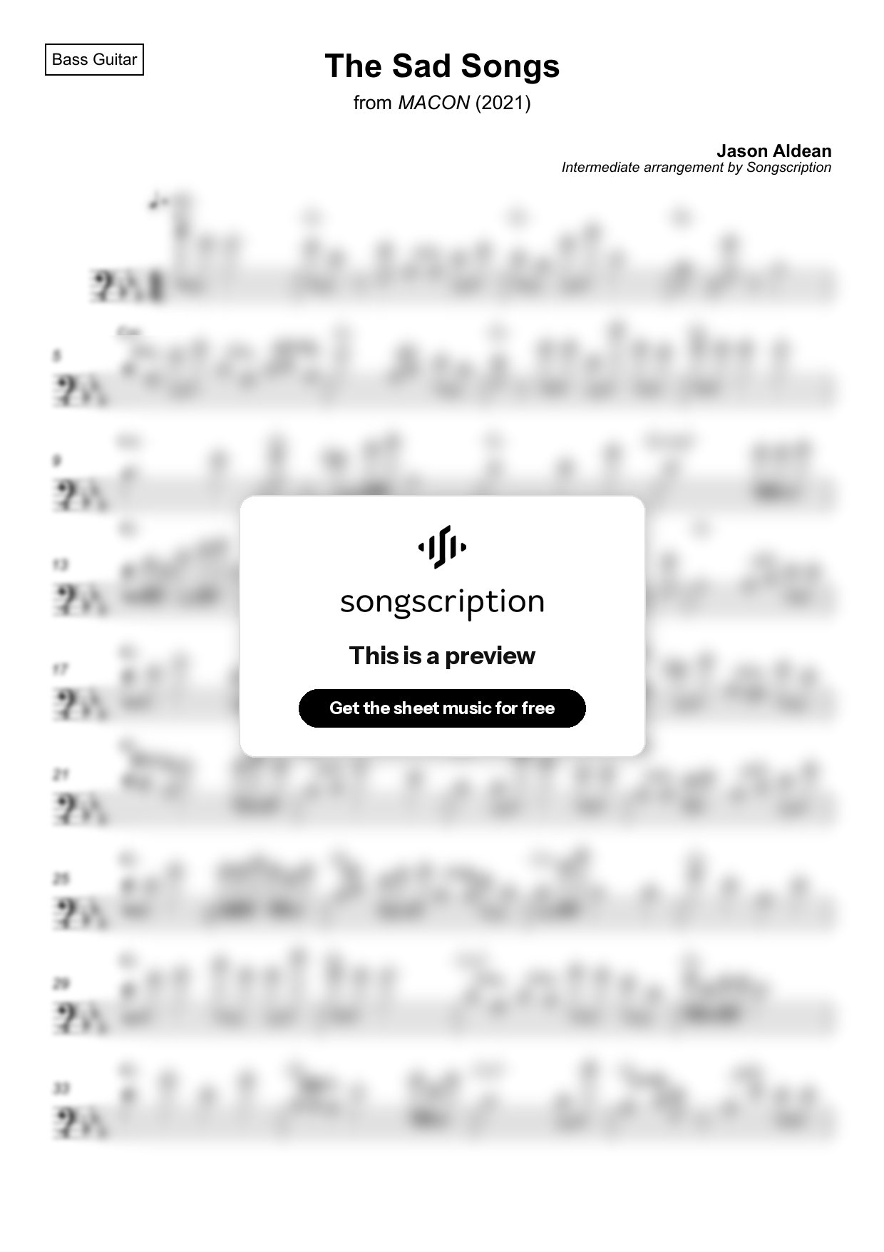 Intermediate Bass Guitar Sheet Music for "The Sad Songs" by Jason Aldean