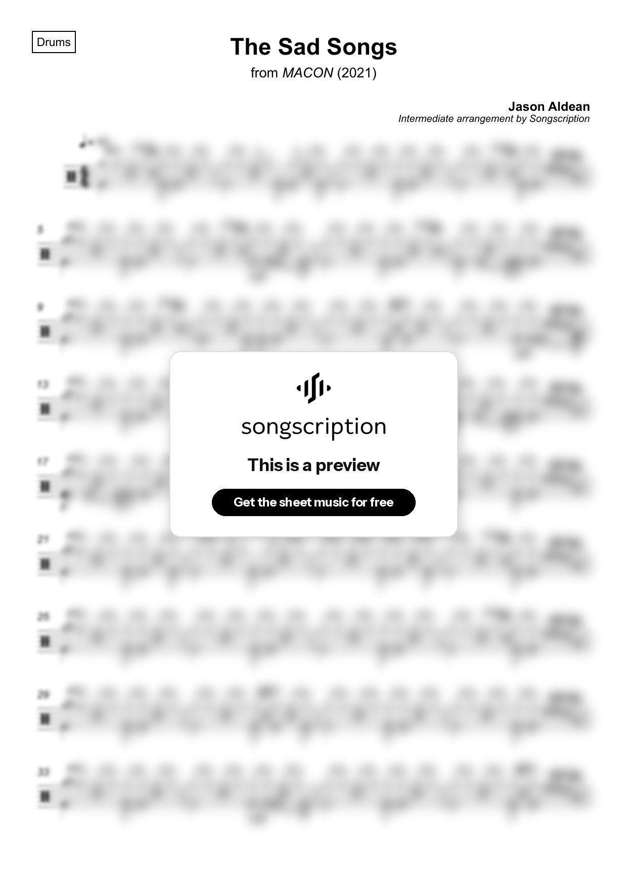 Intermediate Drums Sheet Music for "The Sad Songs" by Jason Aldean