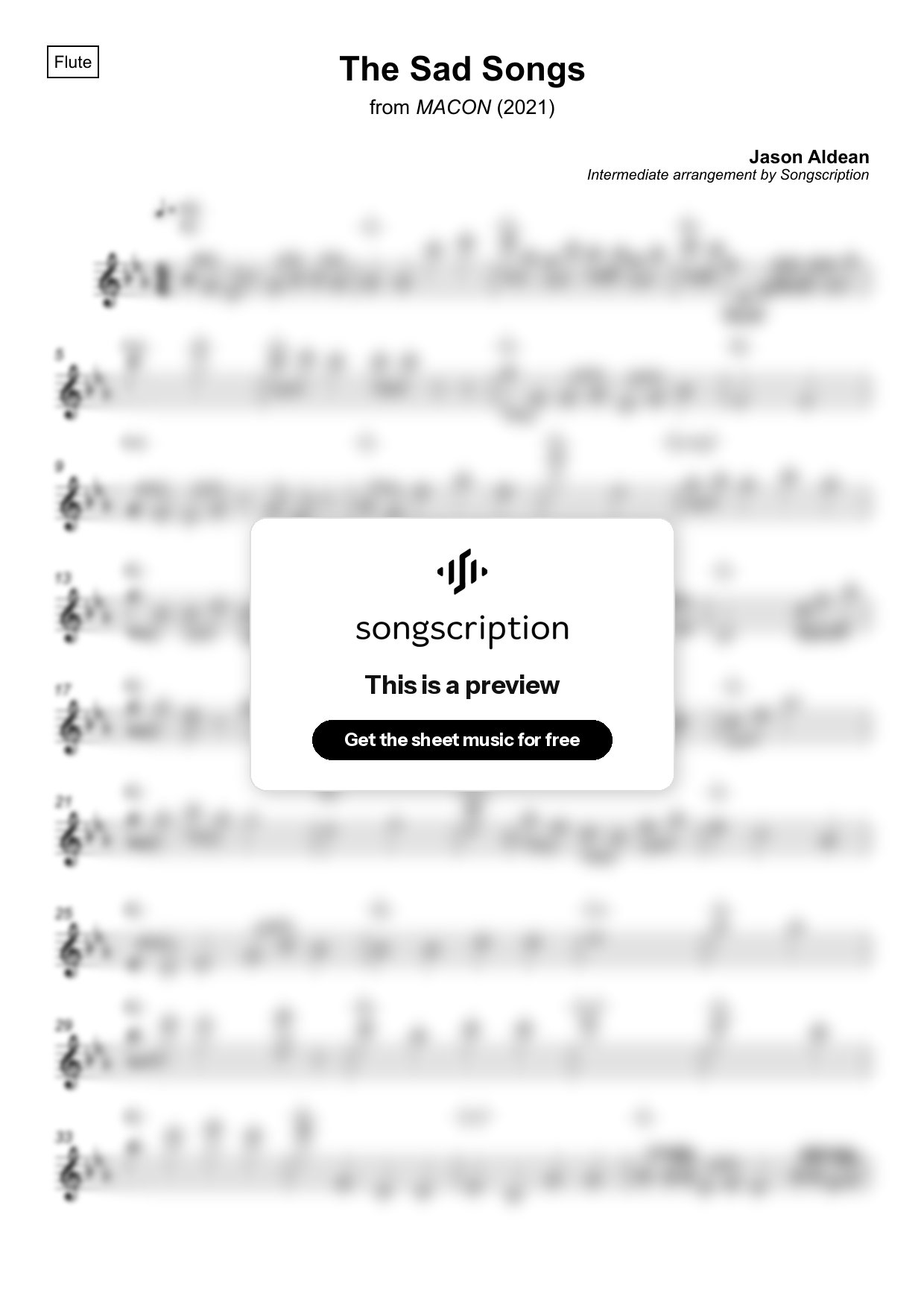 Intermediate Flute Sheet Music for "The Sad Songs" by Jason Aldean