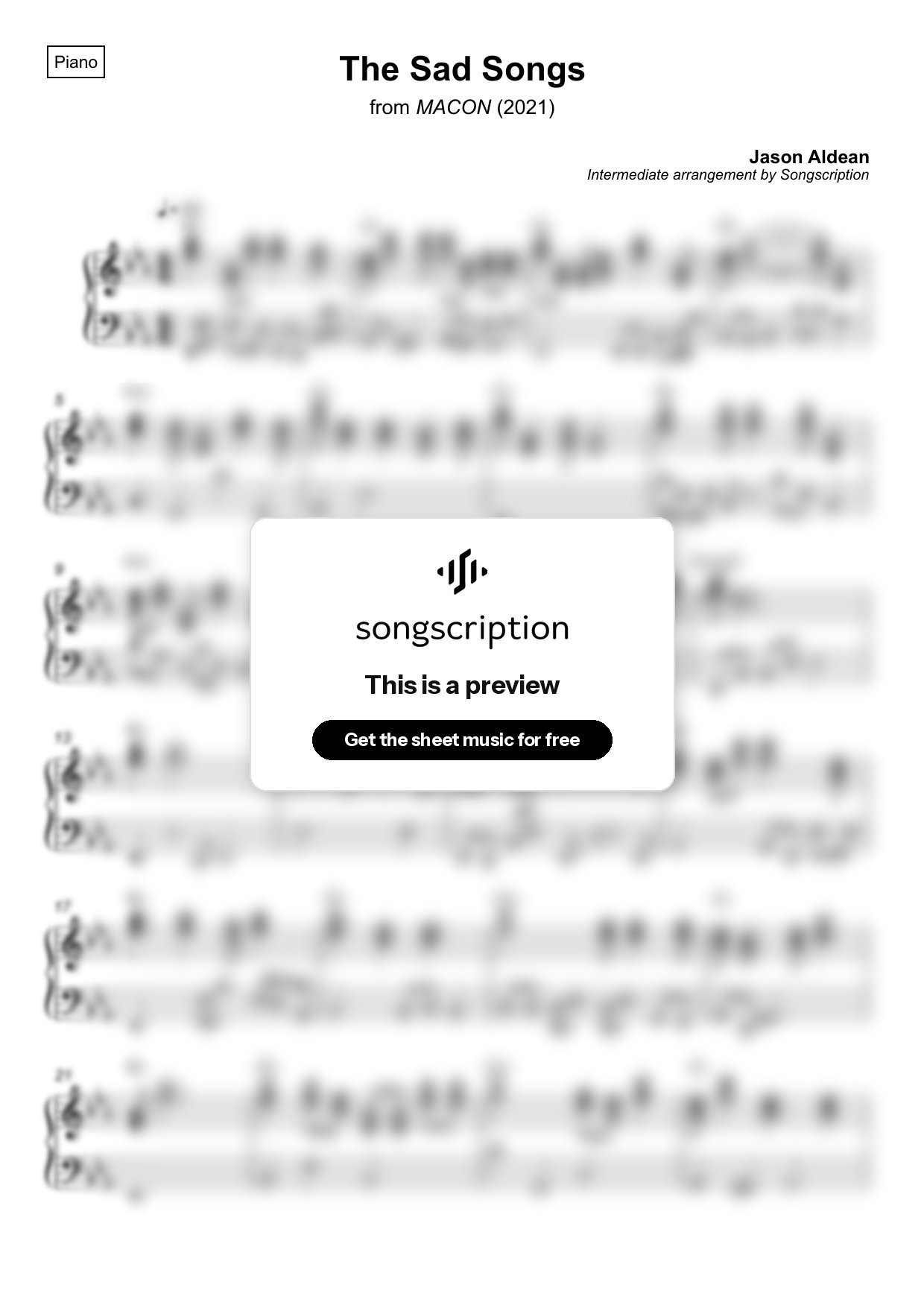 Intermediate Piano Sheet Music for "The Sad Songs" by Jason Aldean