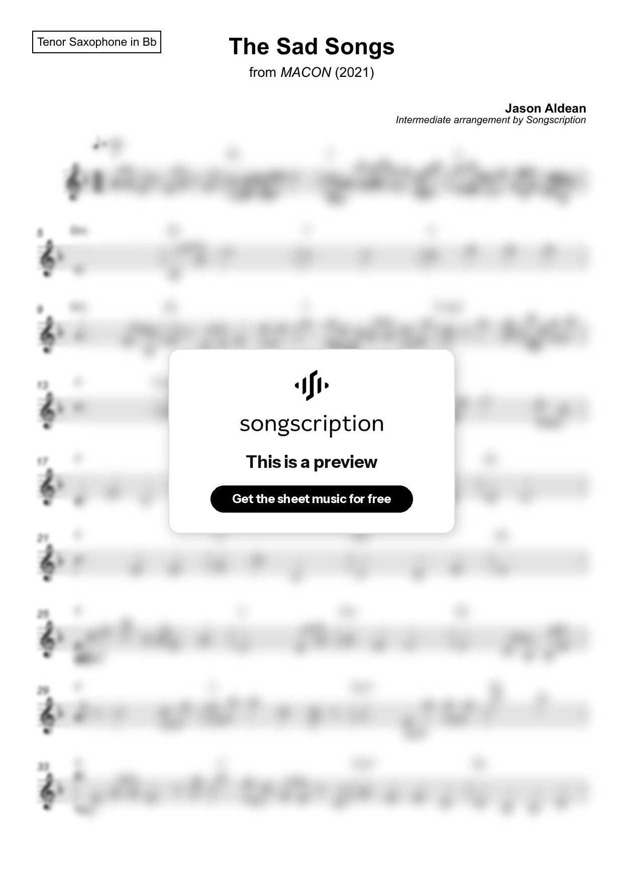 Intermediate Tenor Sax Sheet Music for "The Sad Songs" by Jason Aldean