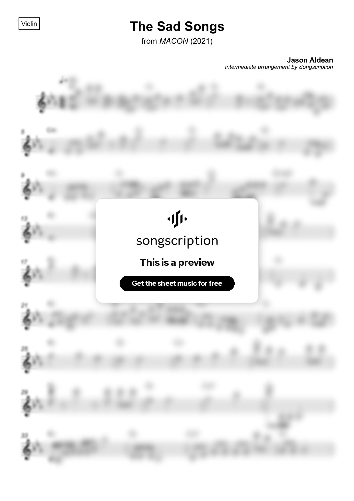 Intermediate Violin Sheet Music for "The Sad Songs" by Jason Aldean