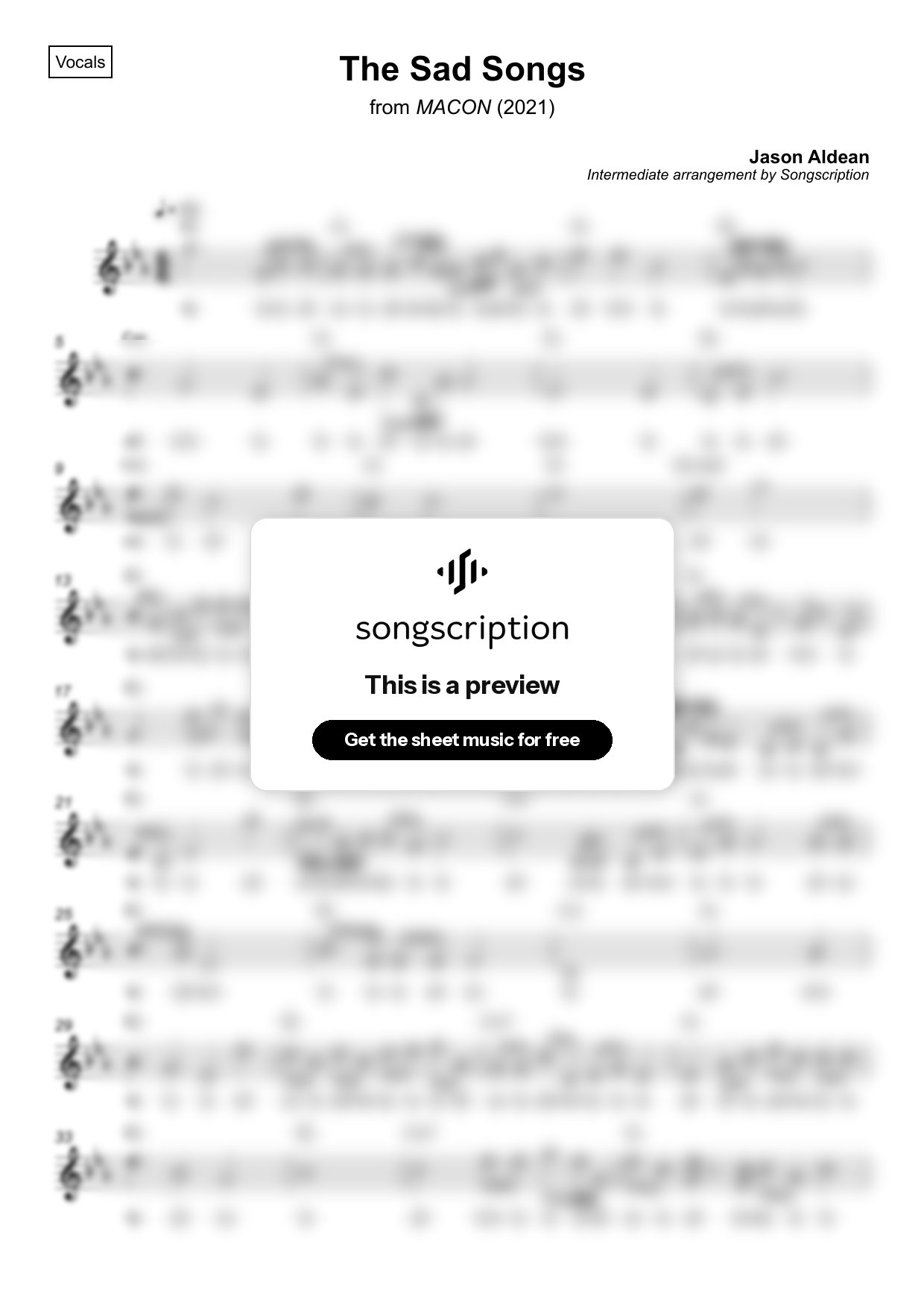 Intermediate Vocals Sheet Music for "The Sad Songs" by Jason Aldean