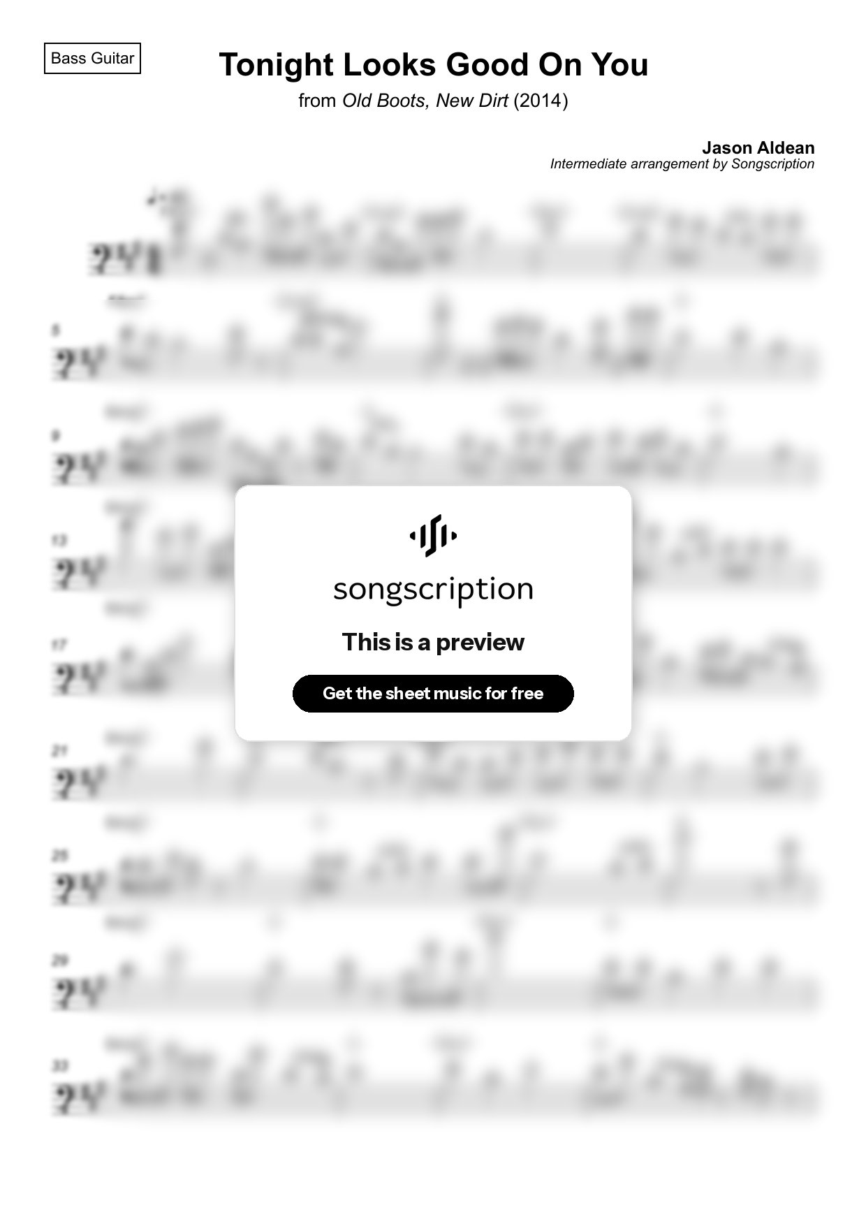 Intermediate Bass Guitar Sheet Music for "Tonight Looks Good On You" by Jason Aldean