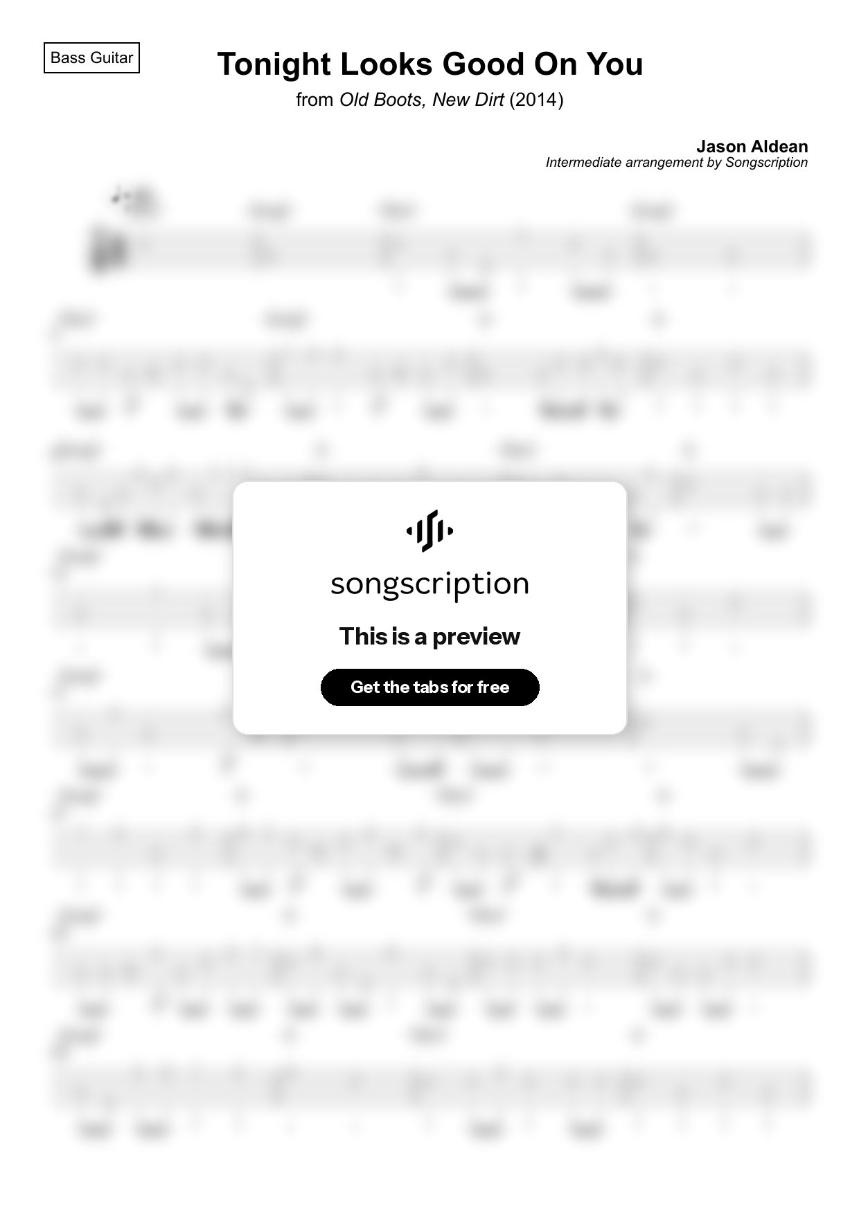 Intermediate Bass Guitar Tabs for "Tonight Looks Good On You" by Jason Aldean