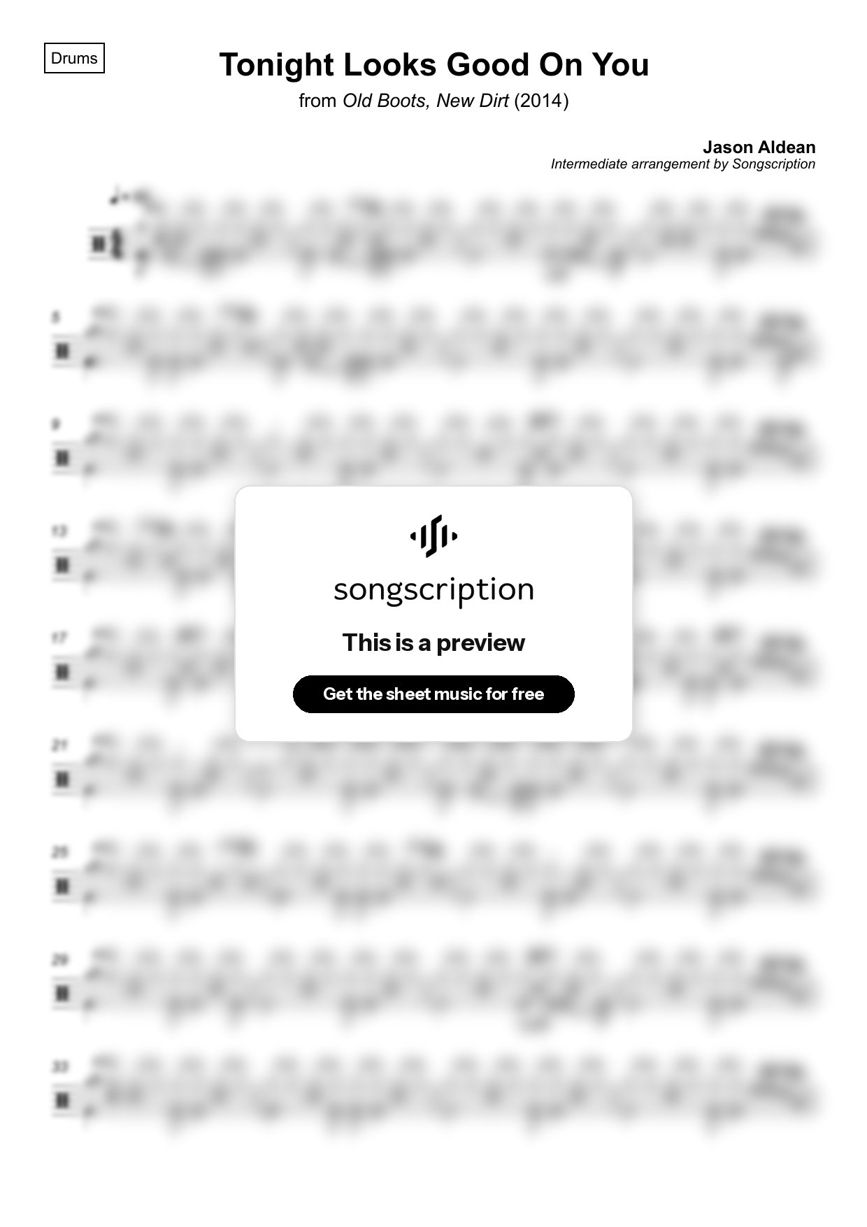 Intermediate Drums Sheet Music for "Tonight Looks Good On You" by Jason Aldean