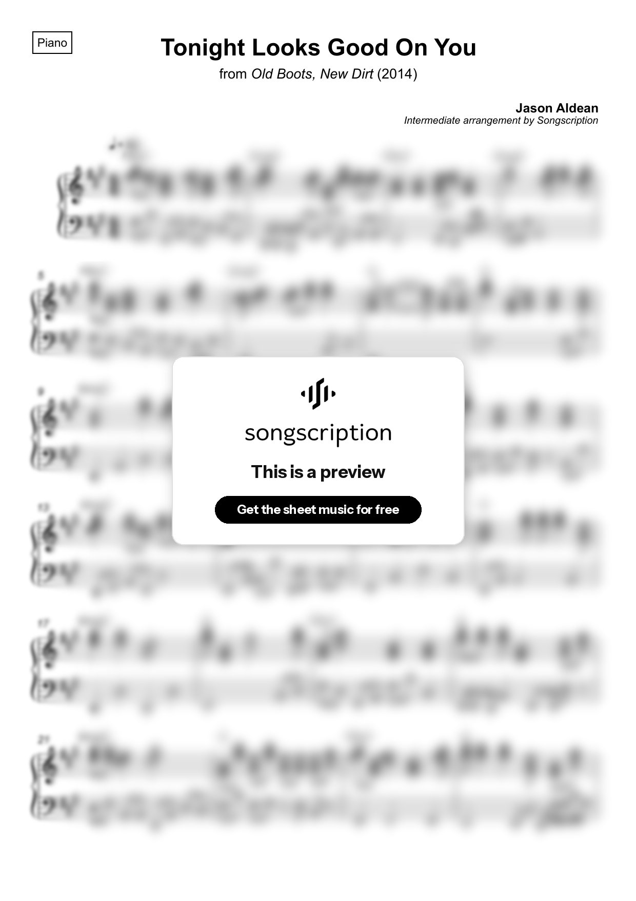 Intermediate Piano Sheet Music for "Tonight Looks Good On You" by Jason Aldean